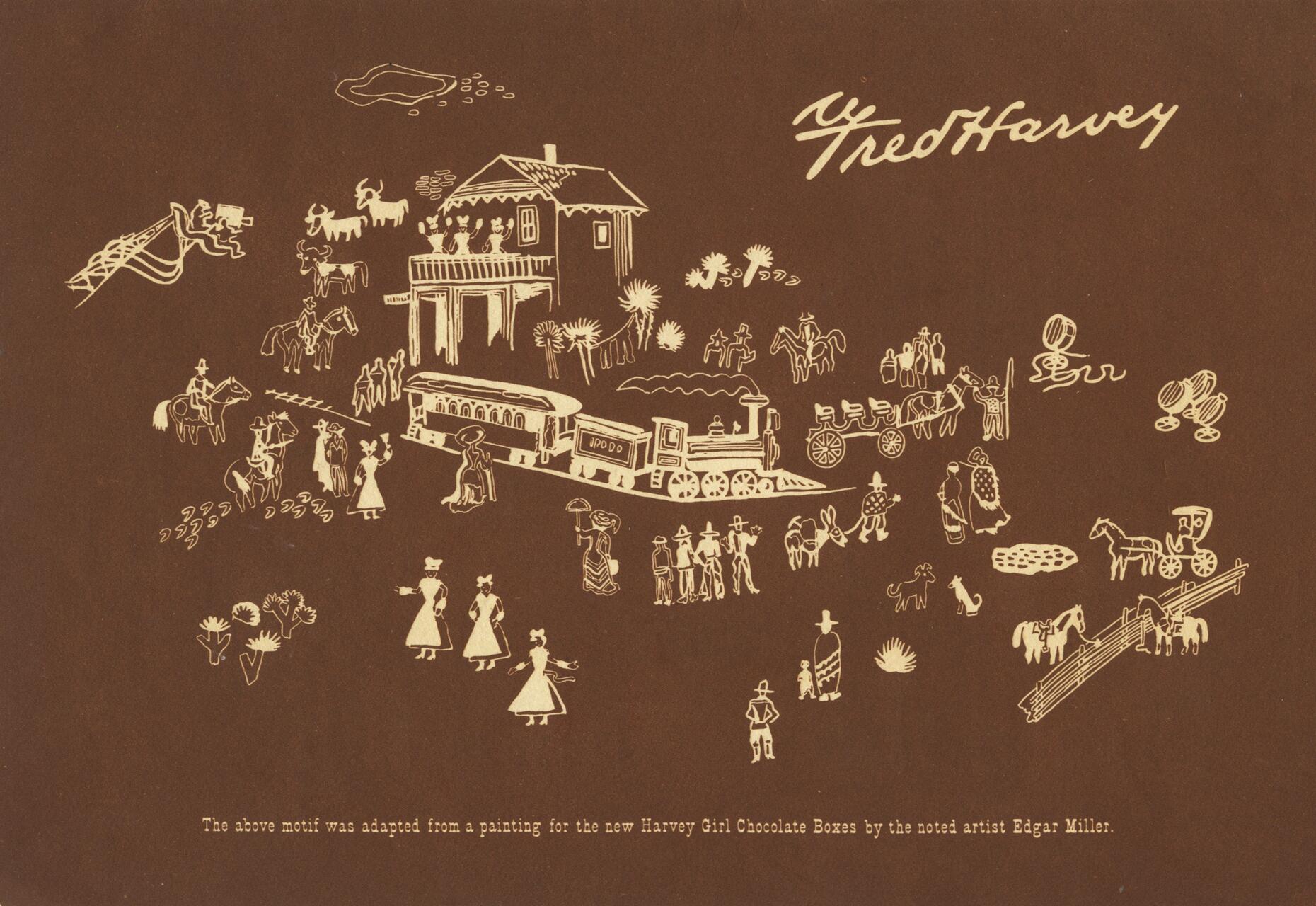 Vintage illustration on brown background depicting a scene with a train, house with people, cowboys, horses, and carriages. The style is rustic with white outlines and includes the name "Fred Harvey" in the top right corner.