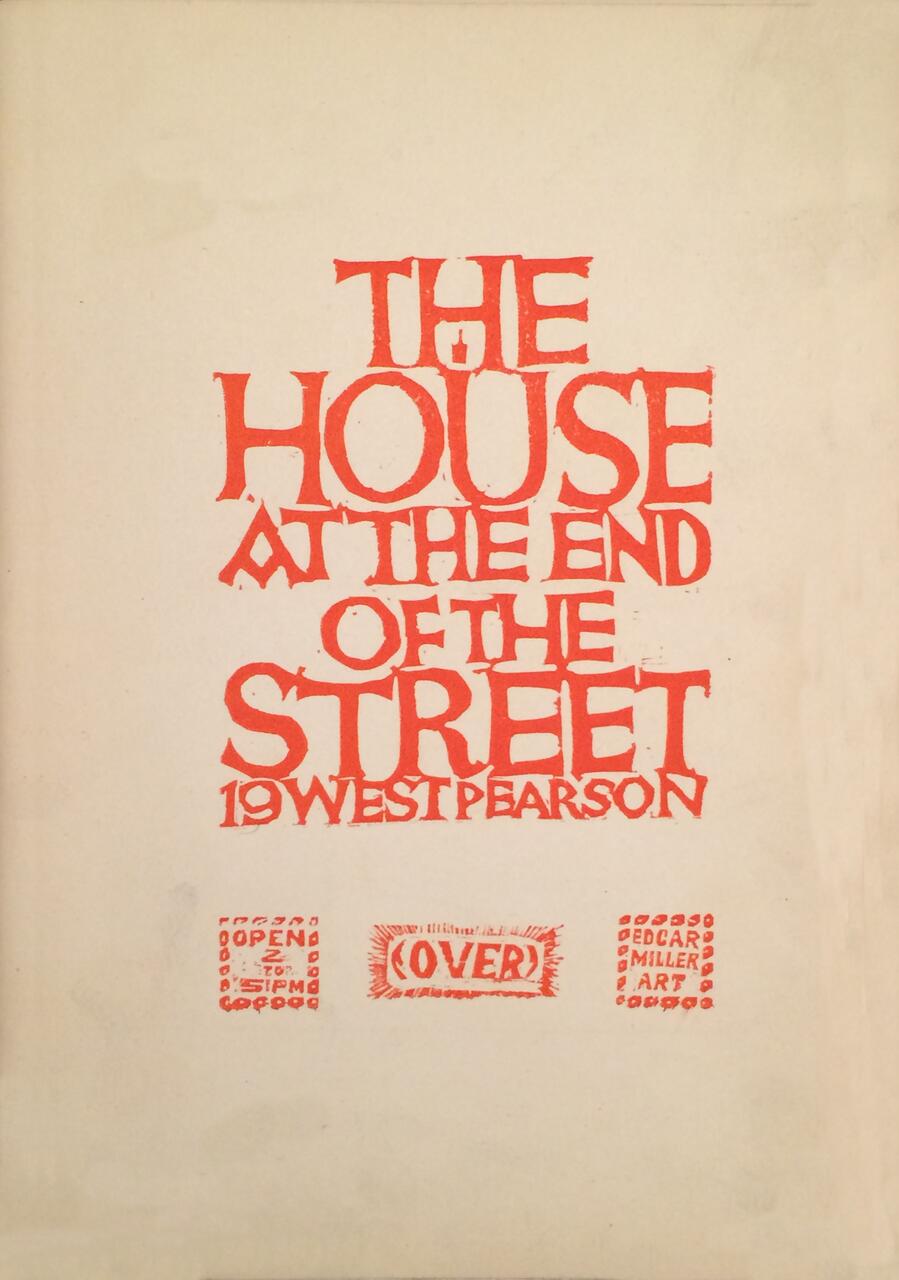 Typography art featuring the text "The House at the End of the Street" in bold red letters, with "19 West Pearson" beneath. Decorative elements include small squares with text and an "OVER" label, all in red on a beige background.