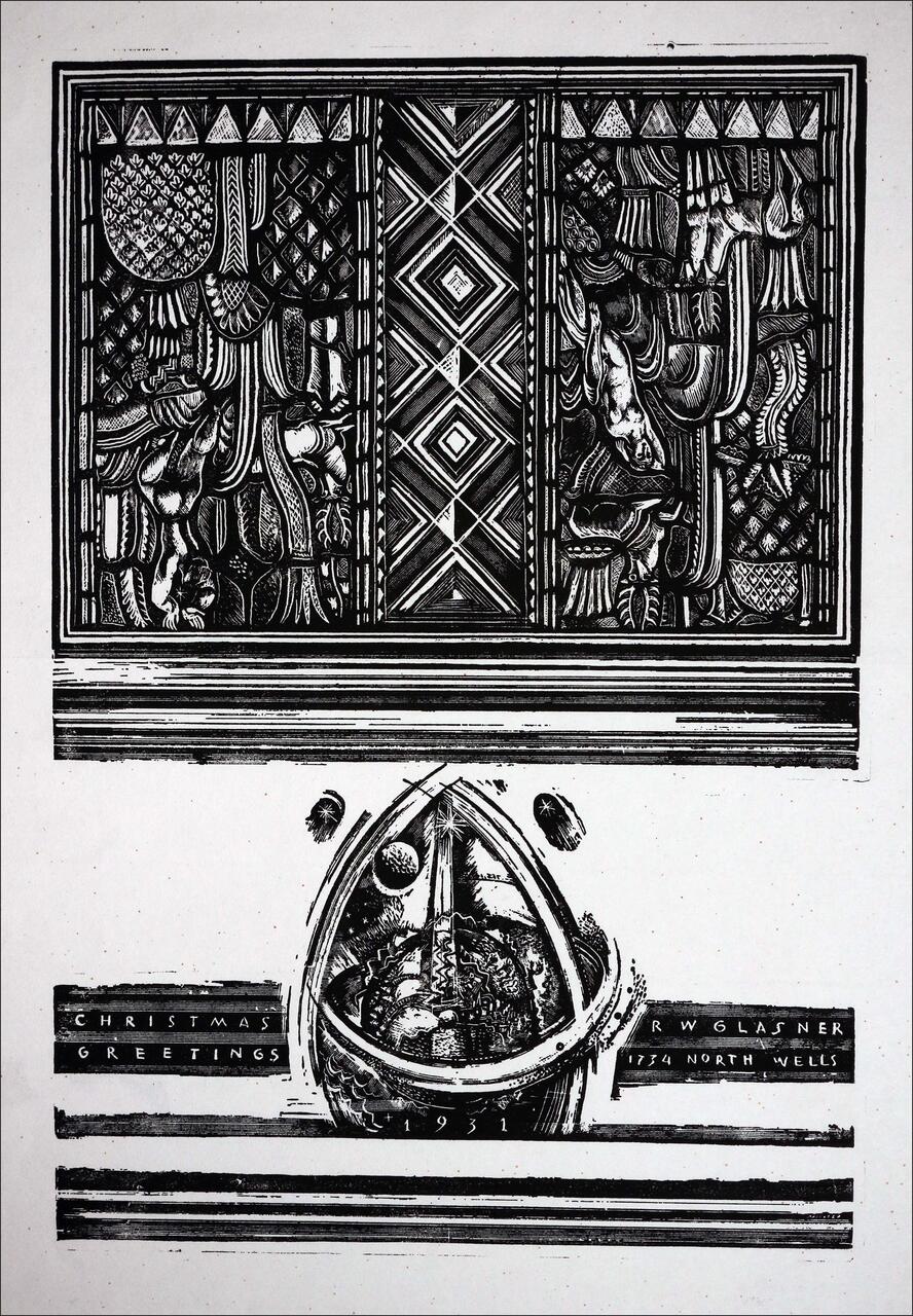 Intricate black and white woodcut print with geometric and abstract patterns, featuring a prominent central triangle housing organic shapes, flanked by decorative borders. Text elements include "Christmas Greetings" and "1931" with address details.