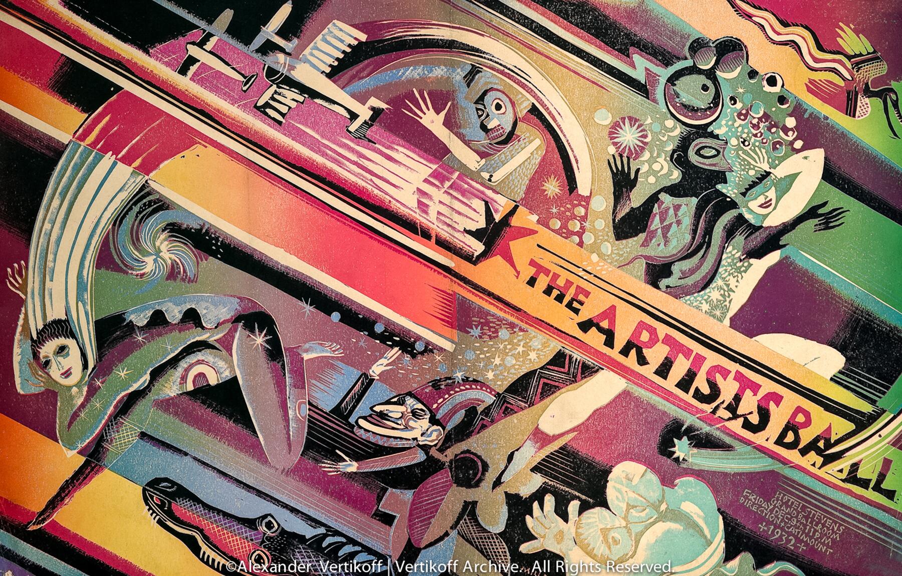 Colorful, abstract graphic poster with dynamic figures and swirling patterns, promoting an artist's ball. A skeleton and masked figures appear in vibrant hues, accented by geometric shapes and lines, evoking a sense of motion and festivity.