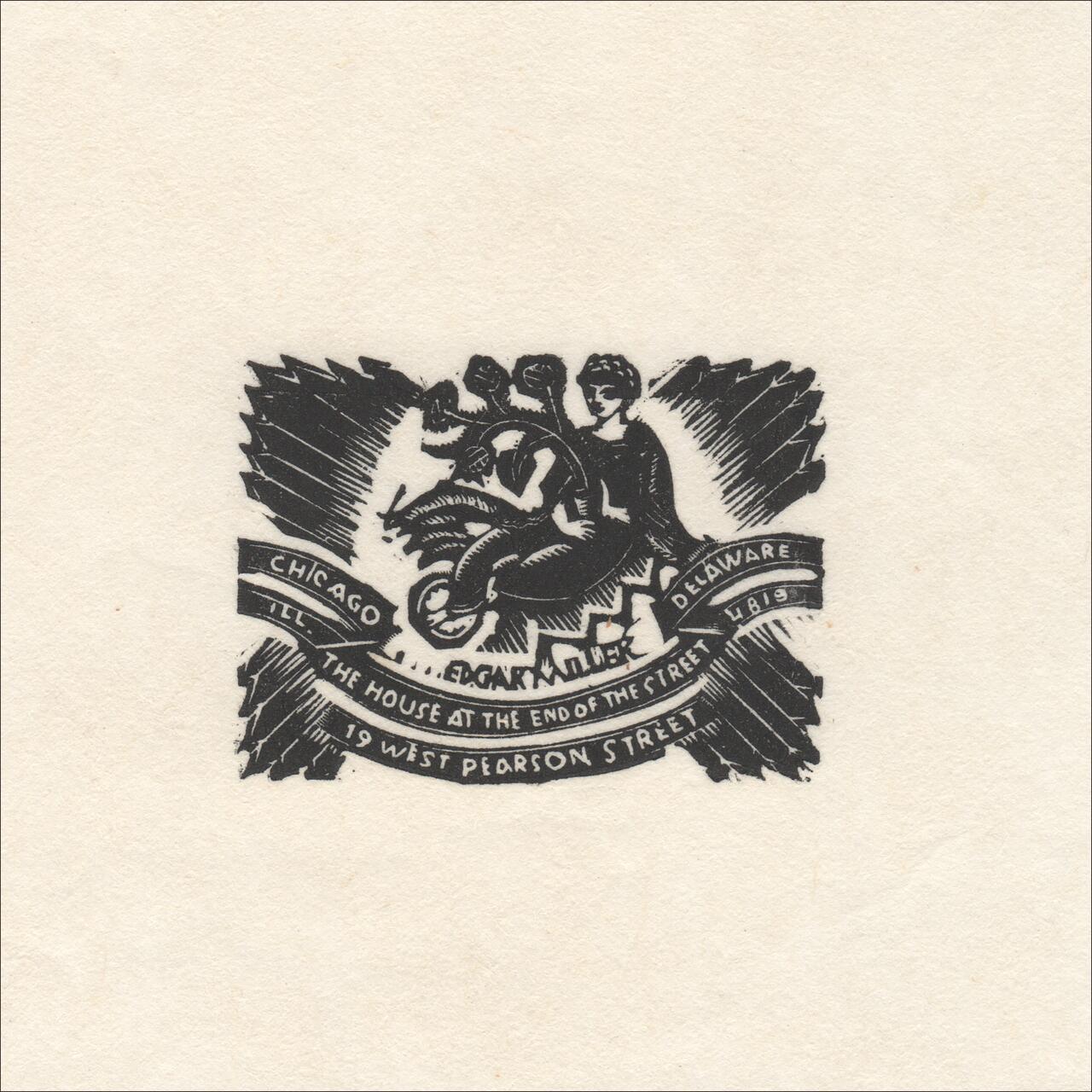 Black and white woodcut print featuring three figures on a bird, surrounded by stylized text and decorative elements.