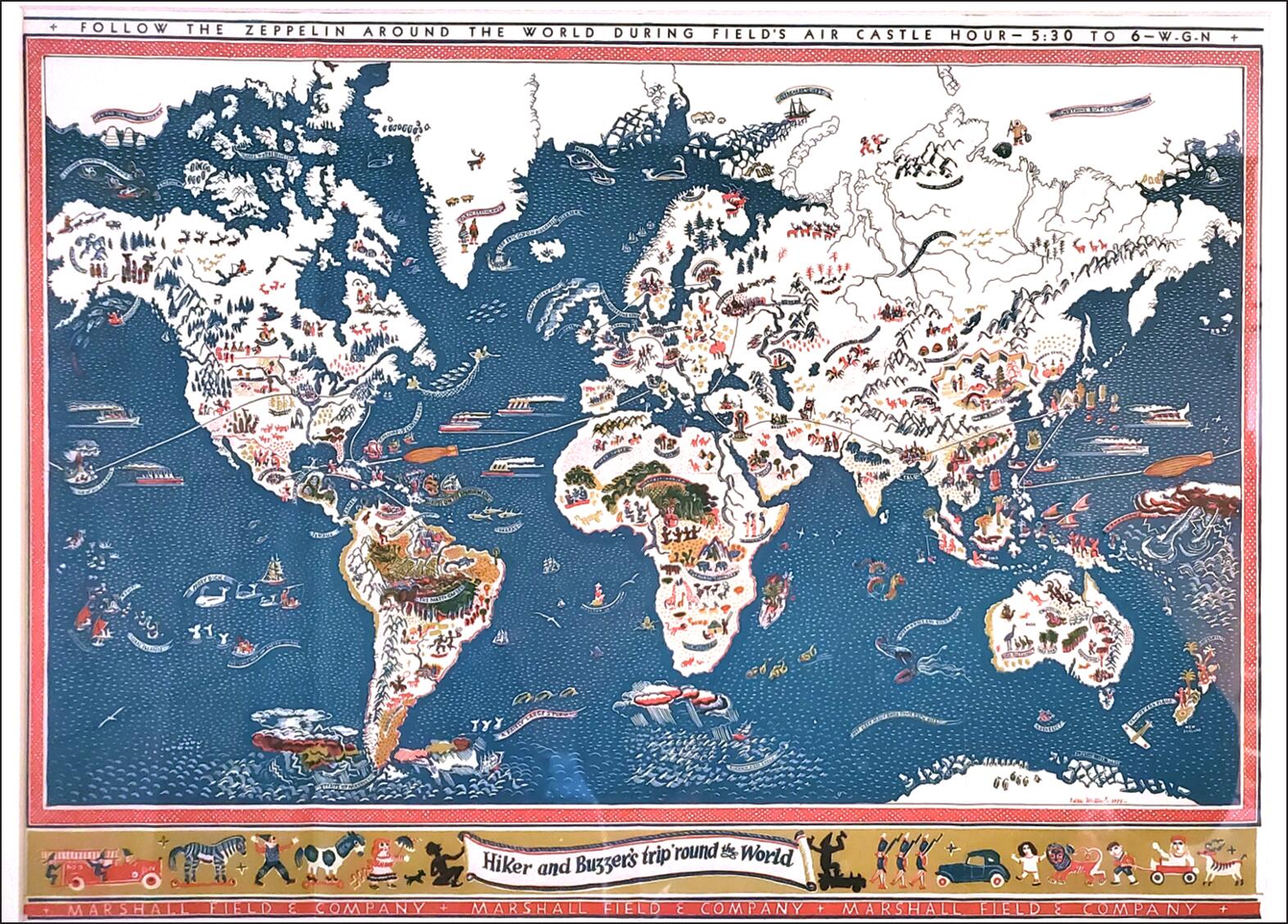 Colorful illustrated map depicting a whimsical world tour, featuring various landmarks, animals, and modes of transportation. The map includes continents with stylized illustrations and oceanic areas with ships and sea creatures. Decorative border with icons at the bottom.