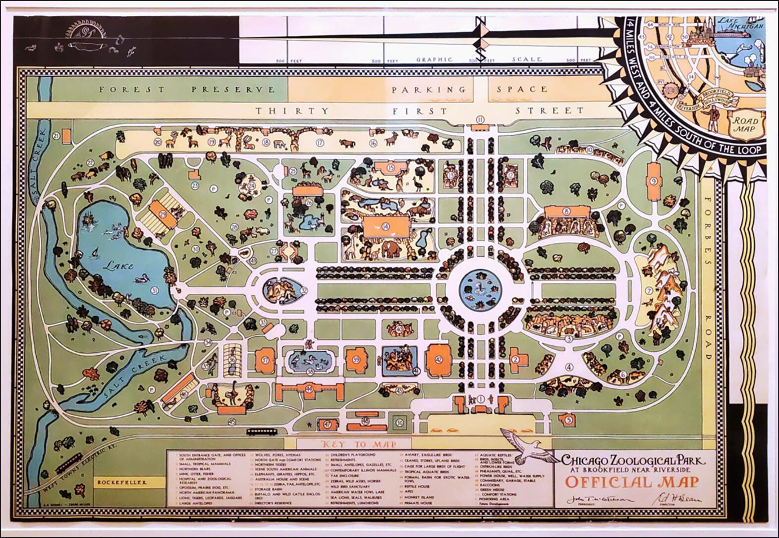 Vintage map of Chicago Zoological Park featuring labeled exhibits, pathways, and animal illustrations. The design includes decorative elements and a key to symbols. The map shows a lake, creek, and multiple exhibit areas with different animals.