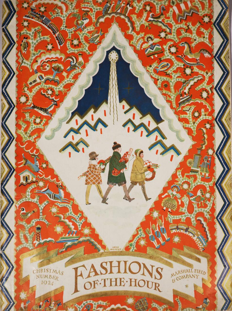 Three children in winter clothing walk against a vibrant, ornate background of red and gold with whimsical patterns. A stylized, snowy mountain scene with radiant star tops the design. Text reads "Fashions of the Hour, Christmas Number 1924, Marshall Field & Company."