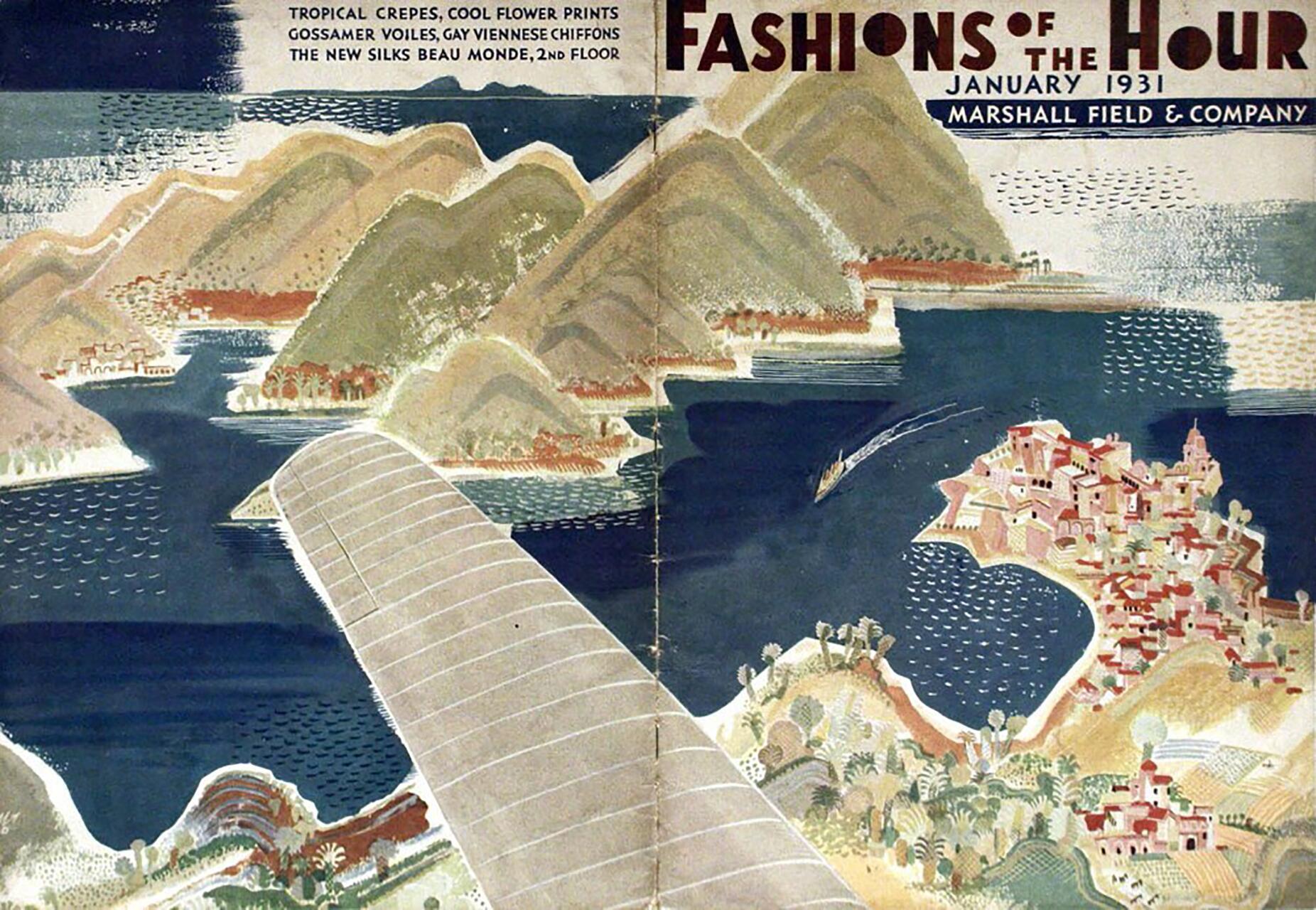 Illustrated vintage fashion magazine cover from January 1931, featuring a stylized aerial view of a coastal landscape with rolling hills, a town, and a body of water. Warm colors and bold text adorn the top.