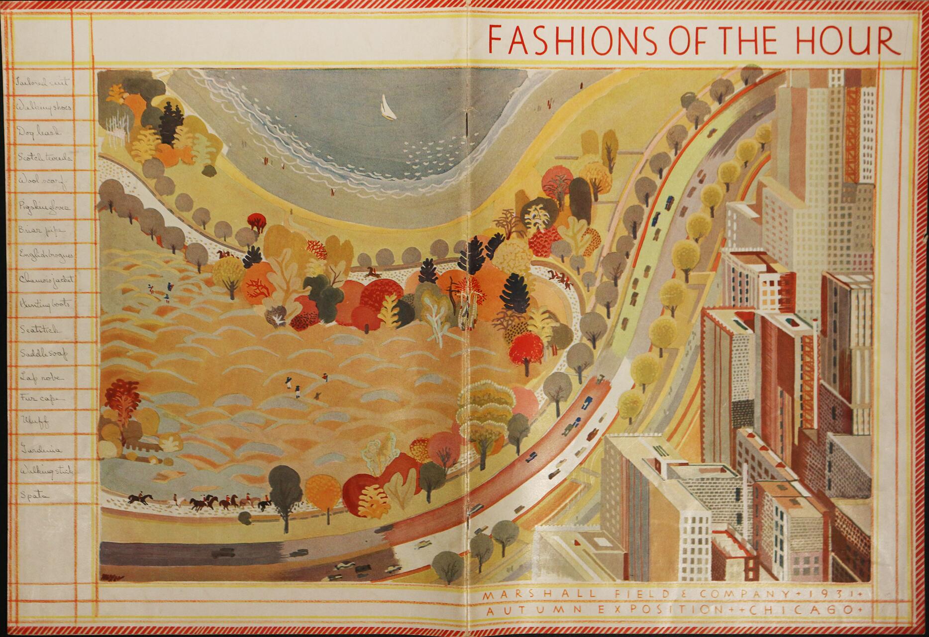 Stylized autumn landscape painting with colorful trees, a winding road, city buildings, and a curved shoreline with a sailboat on the water. Text reads "FASHIONS OF THE HOUR" and "Marshall Field & Company 1931 Autumn Exposition Chicago".