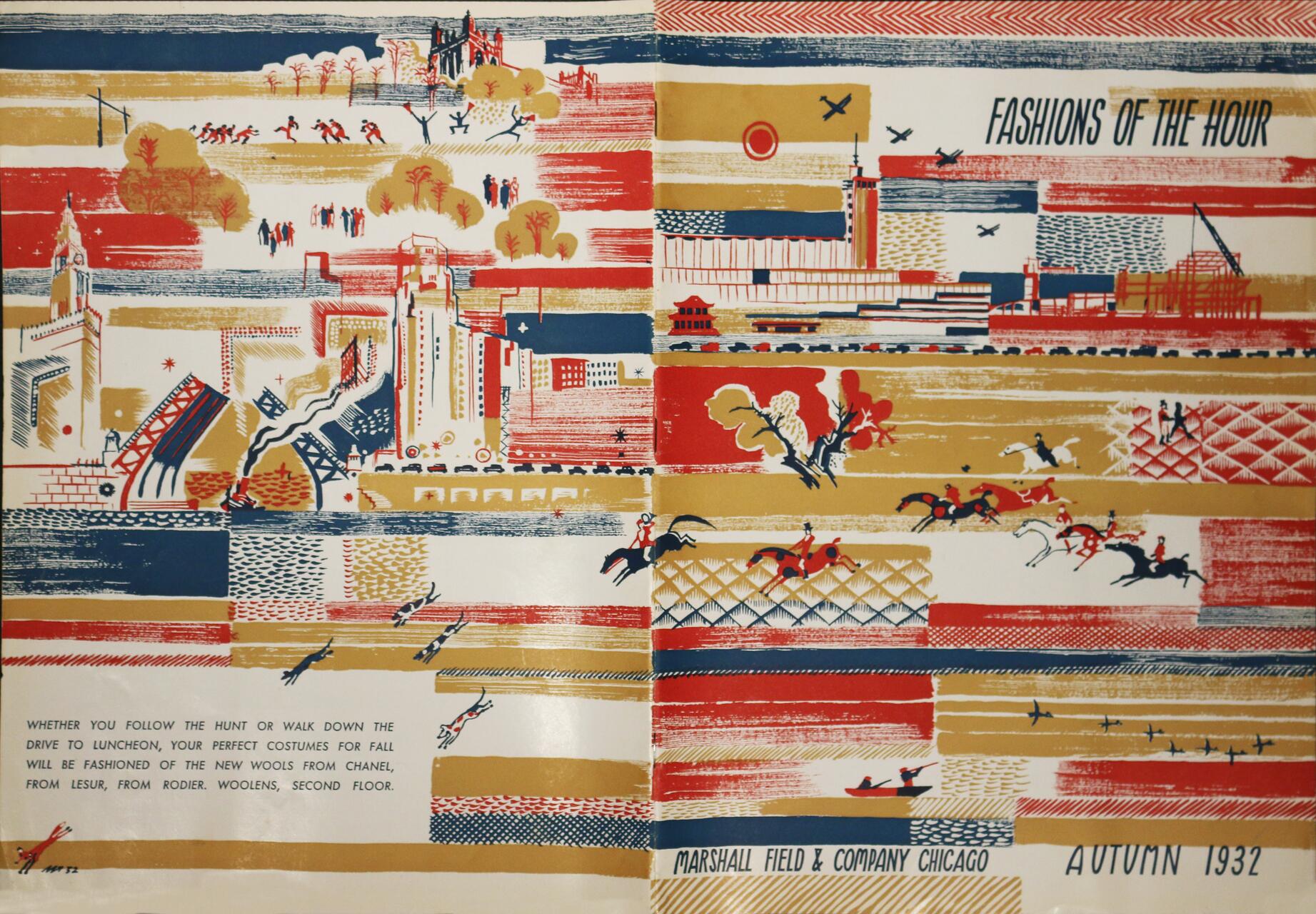 Vintage advertisement with stylized illustrations of cityscapes, horses, and people, in red, blue, and mustard yellow. Text reads "Fashions of the Hour," promoting autumn fashion of 1932 by Marshall Field & Company, Chicago.