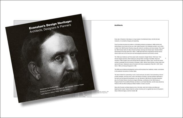 Cover and open pages of a book titled "Evanston's Design Heritage: Architects, Designers & Planners." The cover features a black and white portrait of a man with text, and the open pages display text discussing architects.