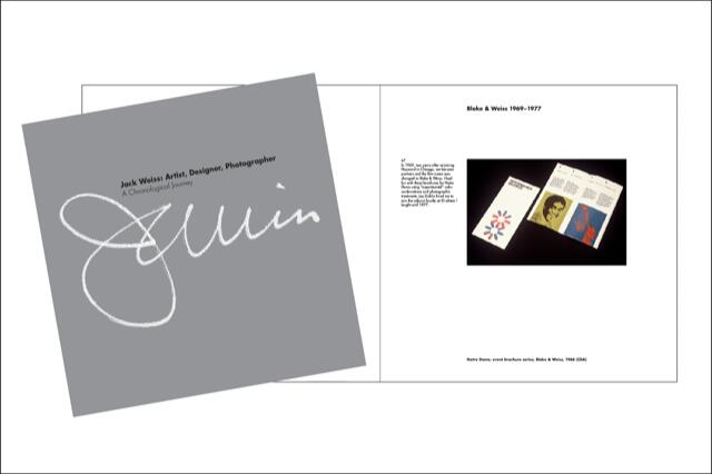 Gray cover of a book titled "Jack Weiss: Artist, Designer, Photographer" overlapping an open book showing a page with a black-and-white vintage photograph of brochures and text.