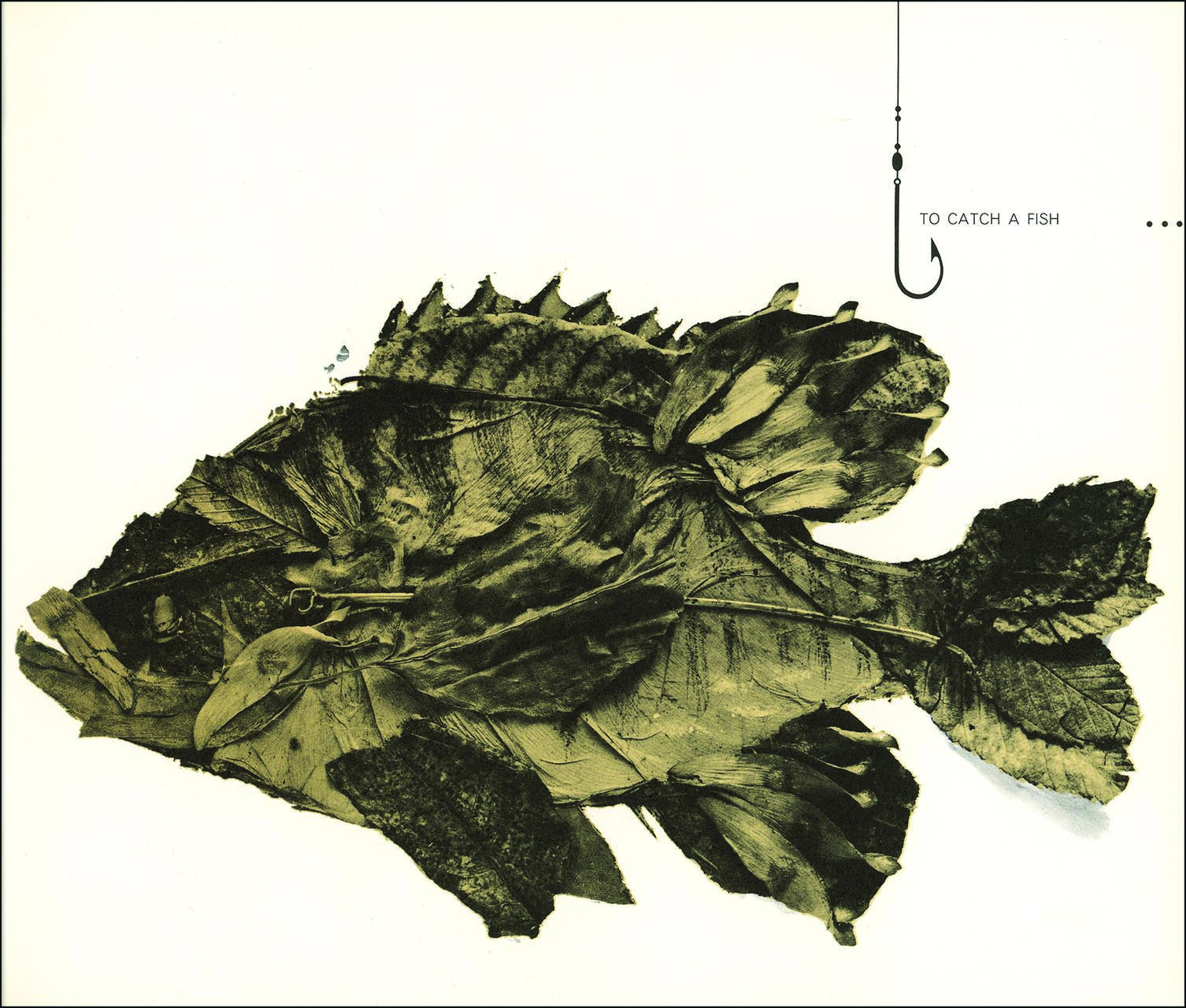 A fish shape composed of leaves and plant materials, with a hook hanging above. Black and white illustration on a light background.