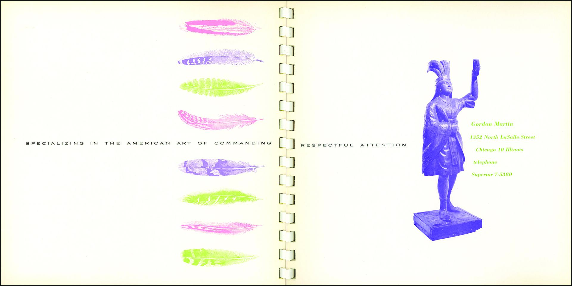 Colorful feather graphics on the left with text: "Specializing in the American art of commanding respectful attention." On the right, a blue statue of a Native American figure stands next to contact information for Gordon Martin.