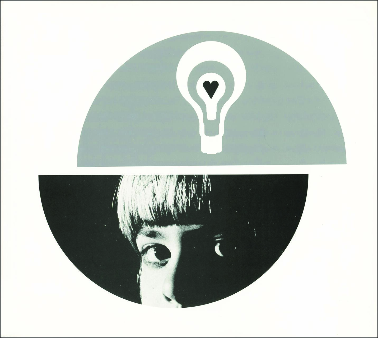 Top half features a light bulb with a heart inside on a gray background. Bottom half shows the black-and-white close-up of a person's eyes and forehead.