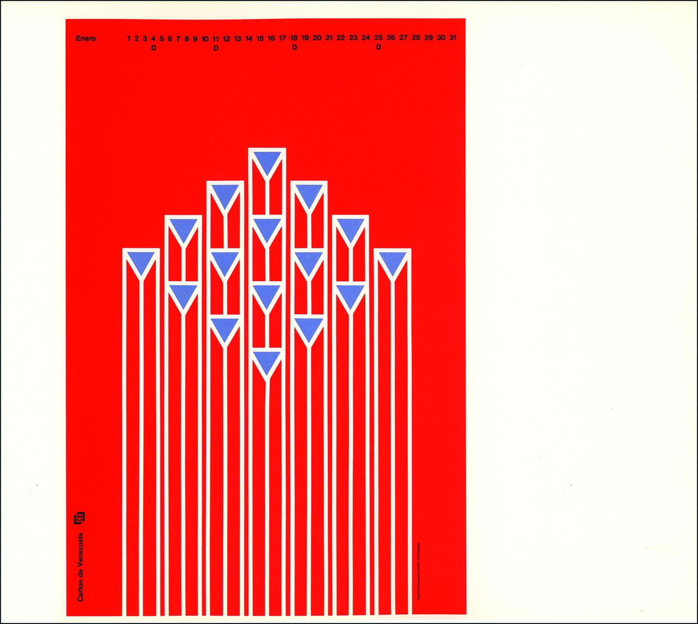 Graphic poster with a red background featuring a pattern of vertical white lines and blue triangles forming geometric peaks, resembling stylized mountains. Black text at the top and bottom, with an overall bold and modern design.