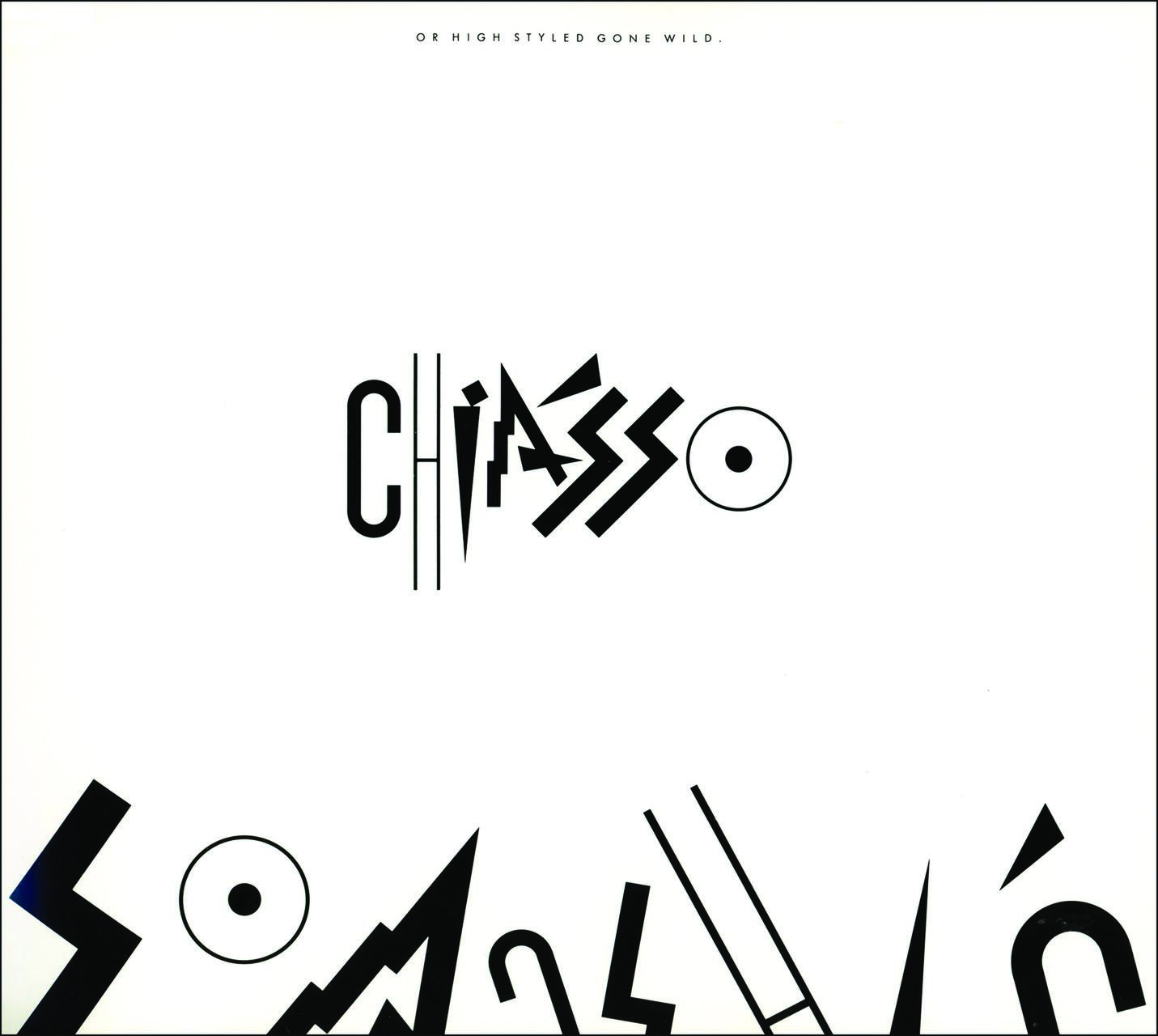 Abstract graphic design with the word "CHIASSO" in stylized black text on a white background. Geometric shapes and lines form the letters, with decorative elements at the bottom.