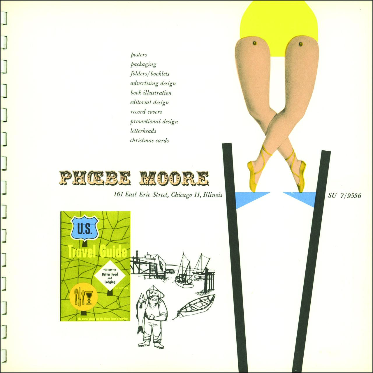 A graphic design features a pair of crossed legs in ballet shoes above a stylized, angled shape. Artwork includes a map-themed U.S. travel guide and line drawings of a fisherman, boats, and a waterfront. Text provides design services and a Chicago address.