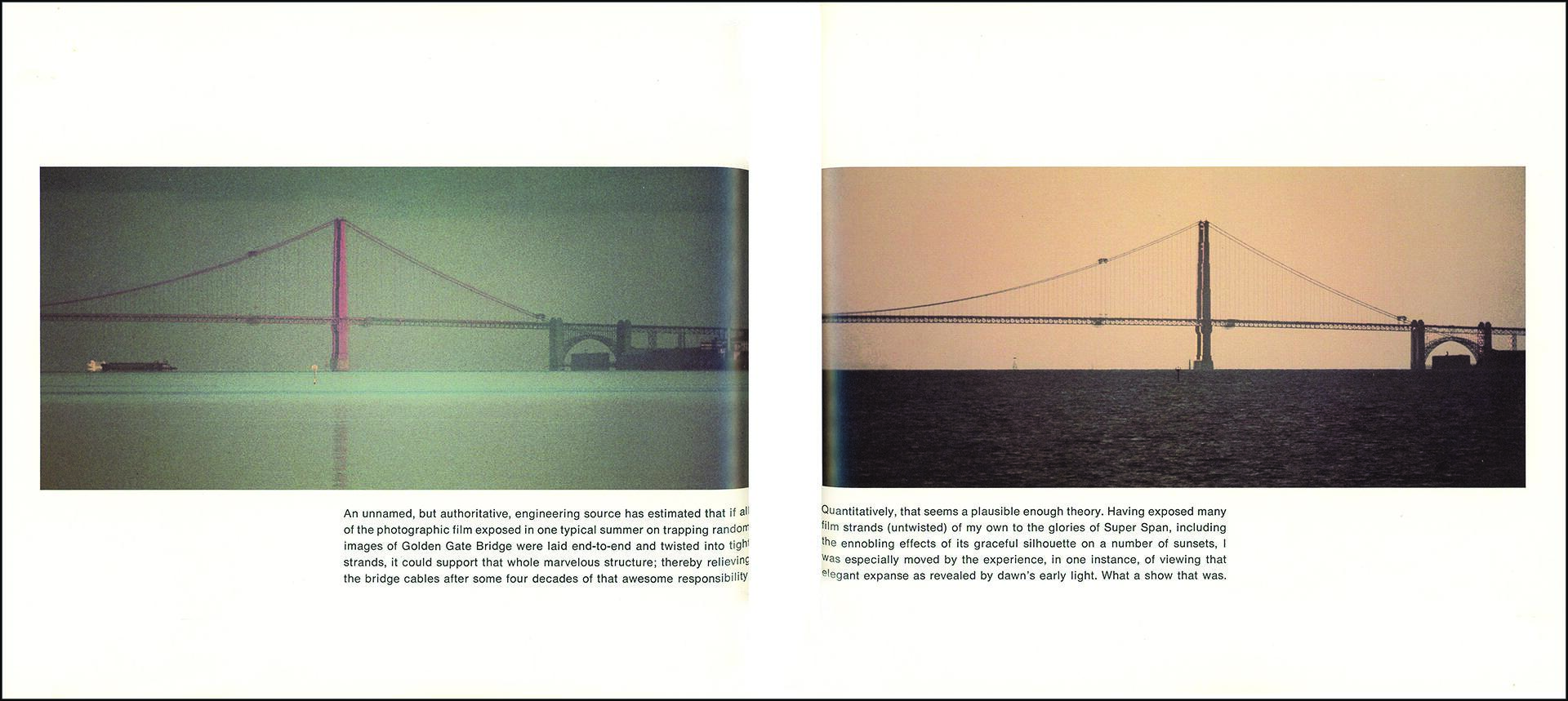 Two photographs of a suspension bridge, likely the Golden Gate Bridge. The left photo shows a muted, greenish tone and the right photo has a warm, sepia hue with the bridge silhouetted against the dawn sky.