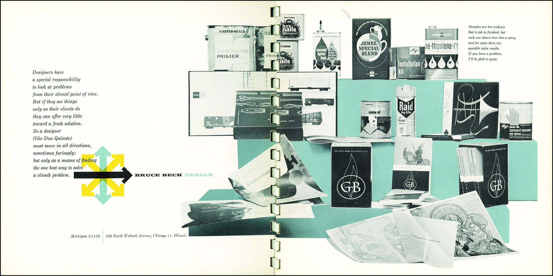 Collage of vintage product packaging and design prints, featuring cans, boxes, booklets, and technical illustrations. Text on left emphasizes designer responsibilities, with "Bruce Beck Design" logo prominently displayed. Background in teal and white tones.