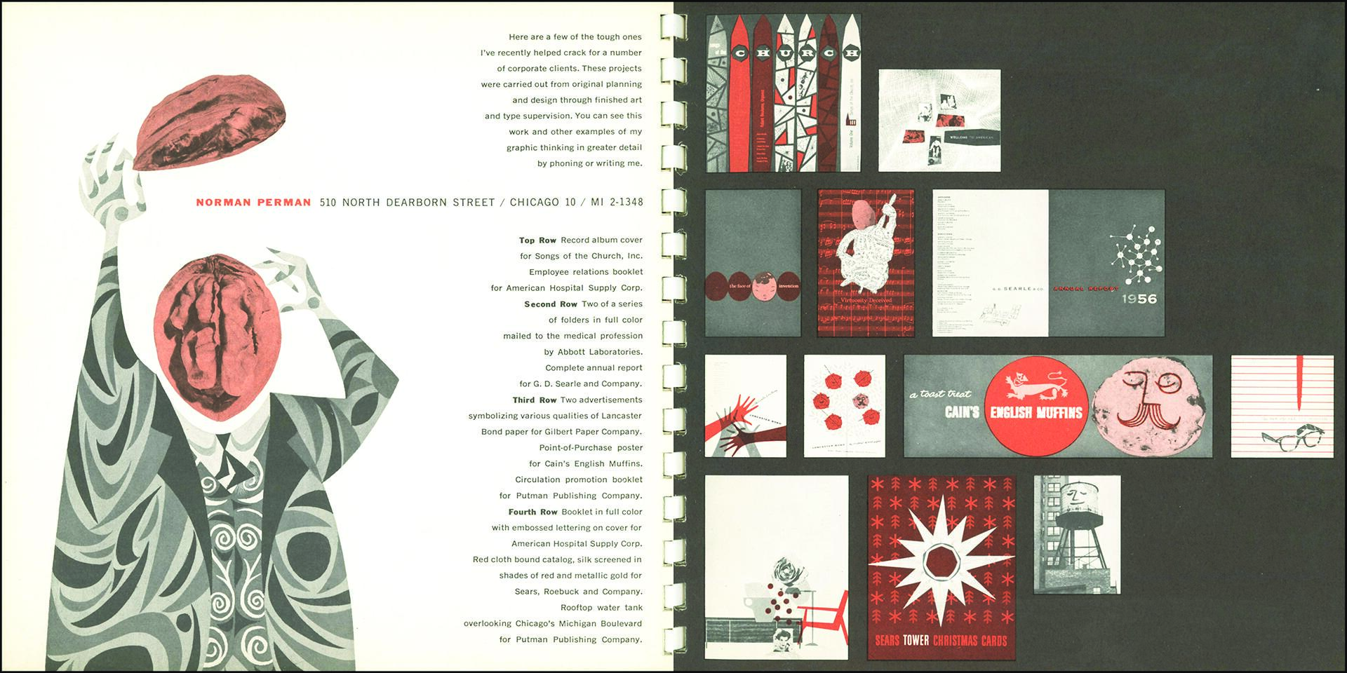 Illustration of a figure holding stylized brain pieces, in shades of red and gray. To the right, a grid of various graphic designs and logos in a similar color scheme, featuring abstract patterns and text elements.