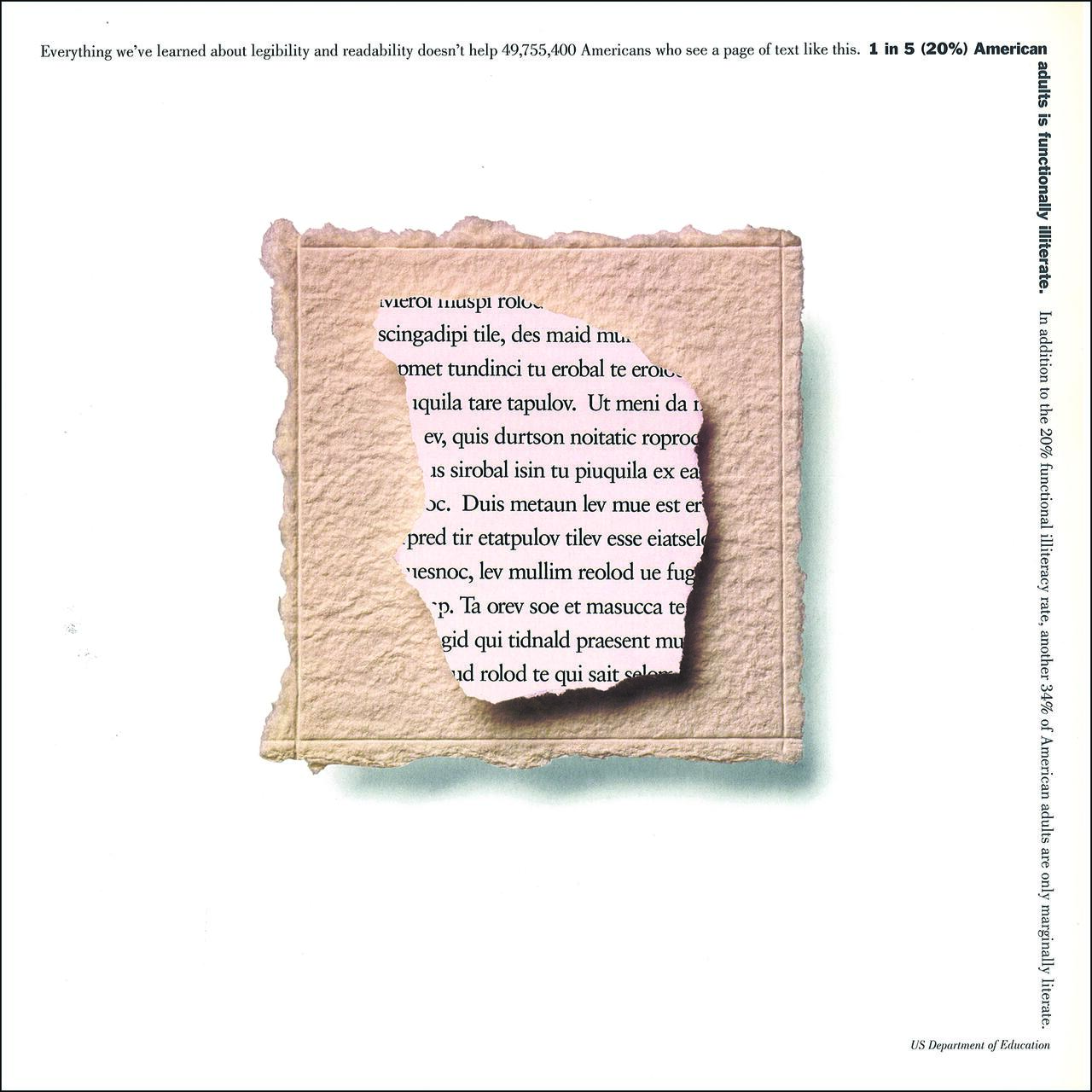 Torn textured paper revealing partially obscured text underneath, surrounded by clean white background. Various fonts highlight literacy statistics.