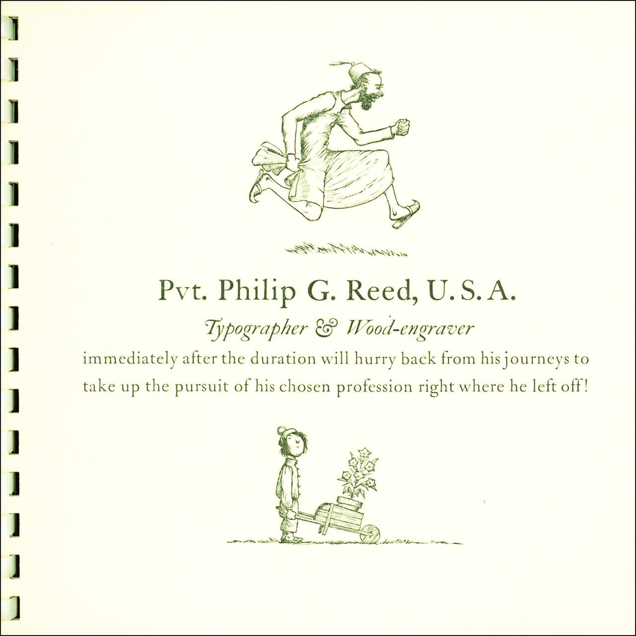 Drawing of a man running above text about Pvt. Philip G. Reed, a typographer and wood-engraver. Below, a child stands next to a wheelbarrow of plants.