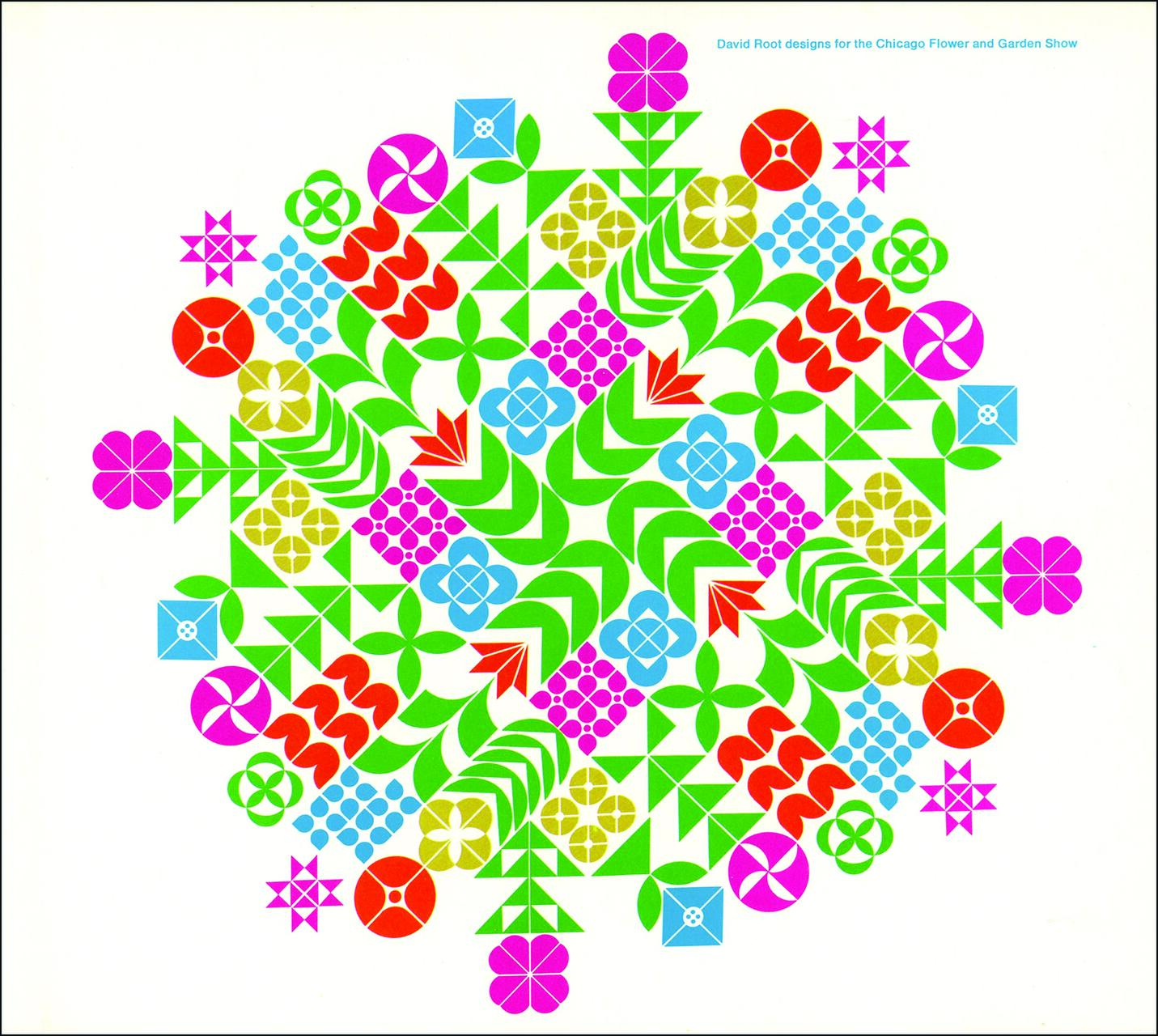 Colorful geometric floral pattern with various symmetrical shapes in green, blue, red, pink, and yellow, arranged in a circular, mandala-like design on a white background.