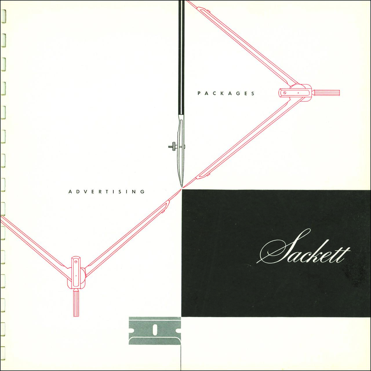 Advertising graphic featuring a pink compass design on a white and black divided background. The word "Sackett" is elegantly written on the black portion, with "Advertising" and "Packages" on the white.