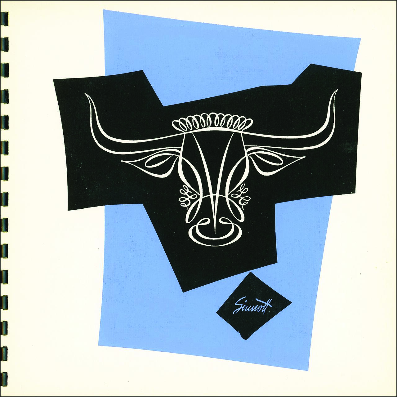 Stylized illustration of a bull's head in white over a black abstract shape on a blue background.