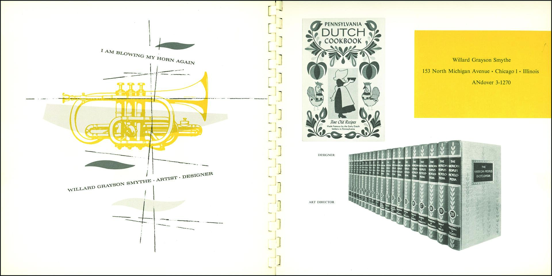 Yellow trumpet illustration with text; adjacent is a cookbook cover and a row of encyclopedia volumes. The cookbook is titled "Pennsylvania Dutch Cookbook" and the encyclopedias are titled "The American People's Encyclopedia." Design elements are black, gray, and yellow.
