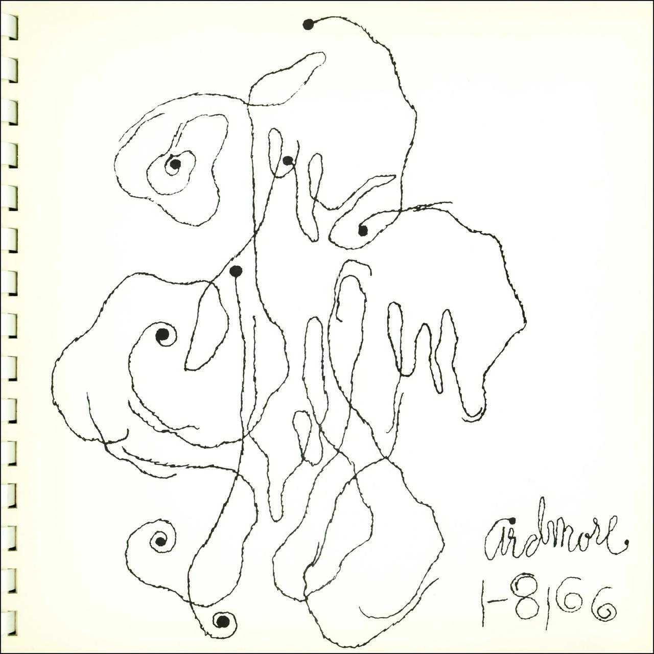 Abstract drawing of black swirling and looping lines on a white background, with random dots connected by continuous lines, resembling a loose and flowing design. There is handwritten text in the bottom right corner.