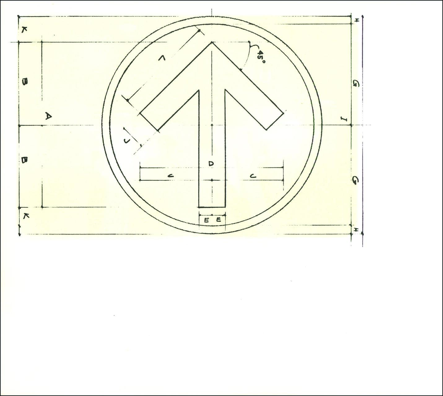 Technical drawing of an upward-pointing arrow enclosed in a circle with various labeled measurements and angles.