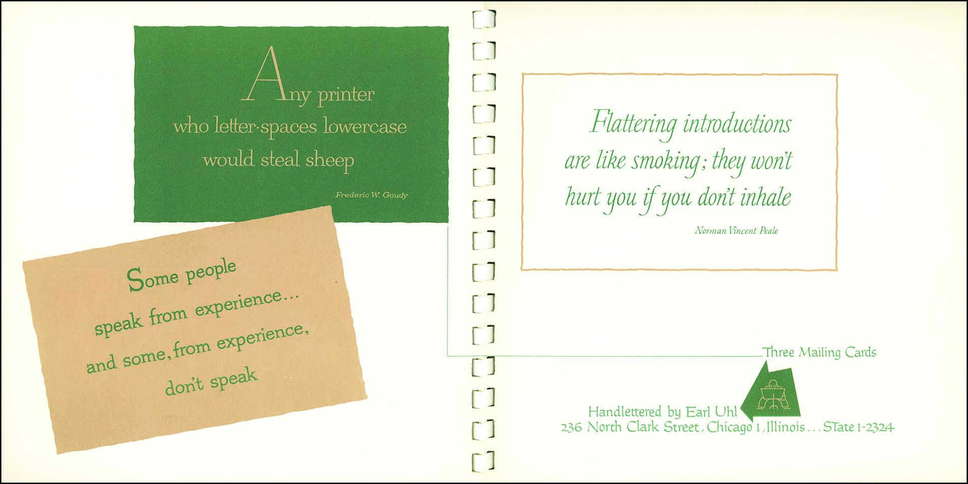 Three quotes are displayed on a vintage card. The top left quote is on a green background, the bottom left on a brown background, and the top right in a frame. The quotes reflect on typography, experience, and flattery with playful and witty insights.