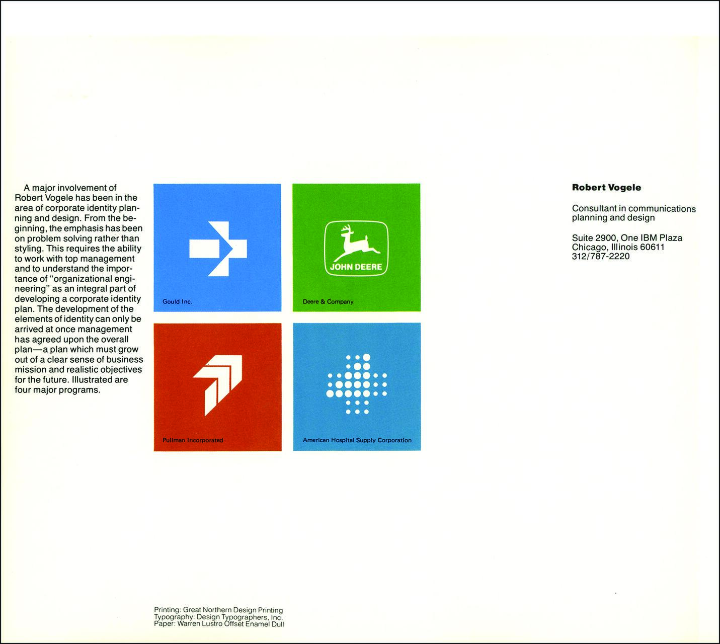 Four logos on a white background: a blue square with a white arrow for Gould Inc., a green square with a deer silhouette for John Deere, a red square with three white arrows for Pullman Incorporated, and a blue cross of white dots for American Hospital Supply Corporation.