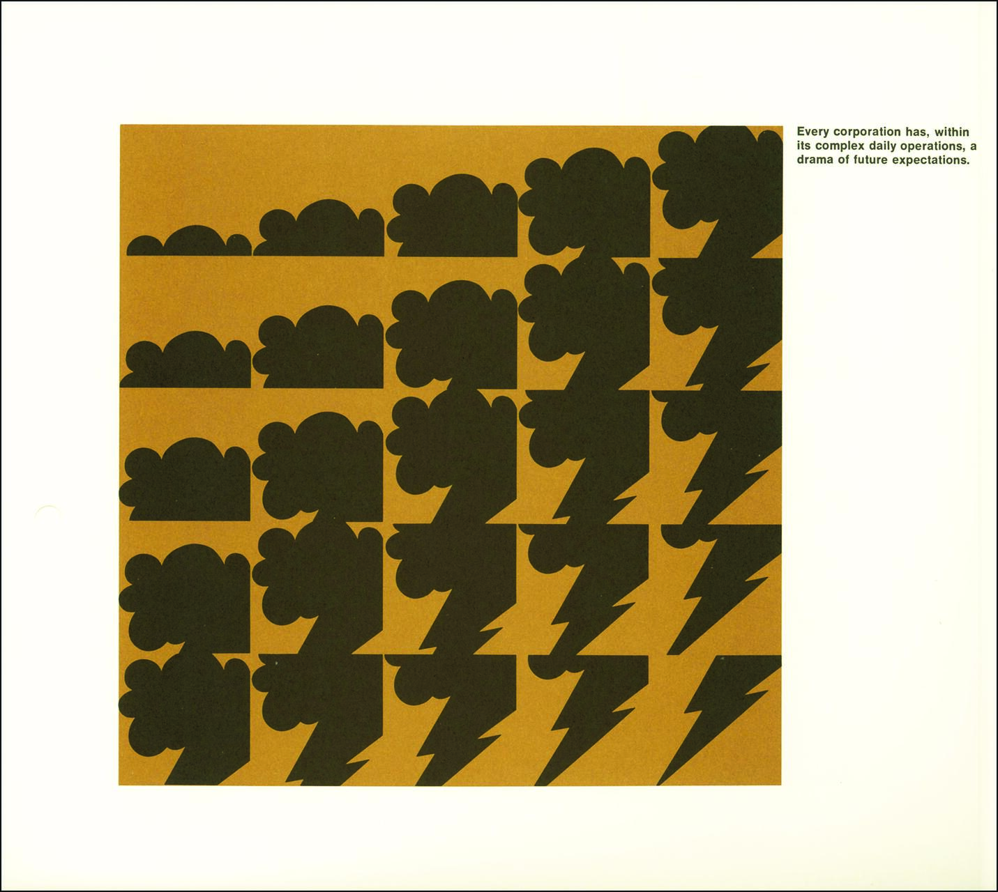Grid of abstract black shapes, resembling clouds evolving into lightning bolts, on a mustard yellow background. Text on the right.