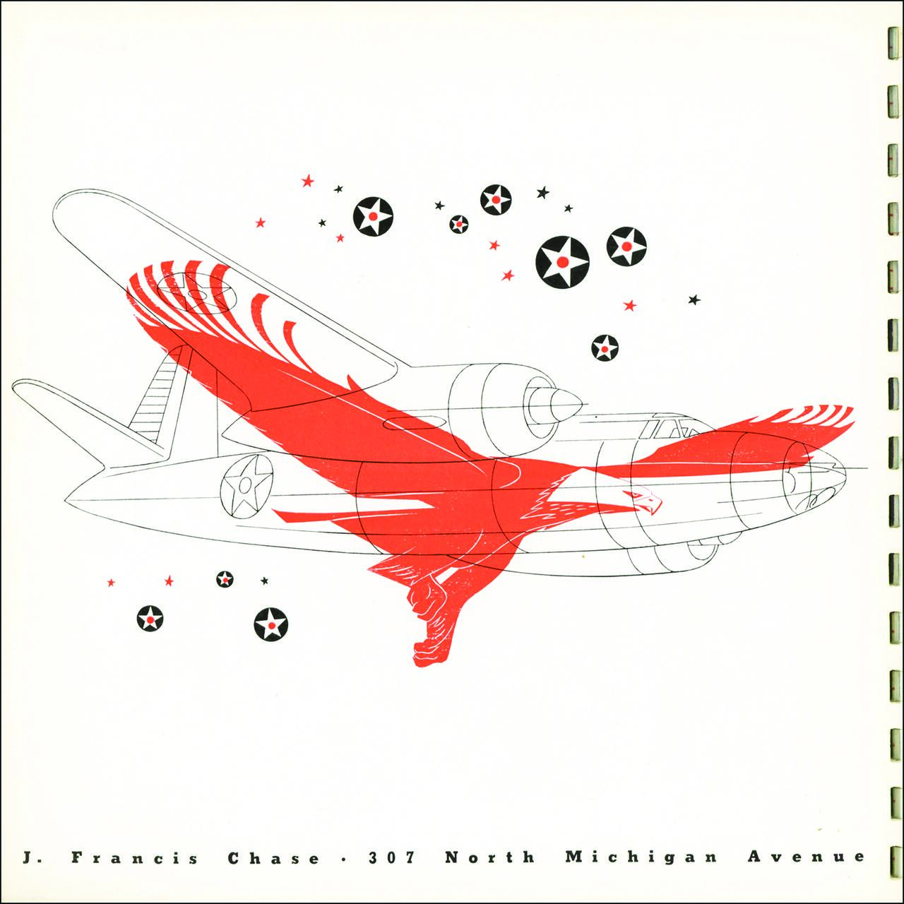 Illustration of a vintage airplane outline with a red eagle overlay, surrounded by stars and circular emblems.