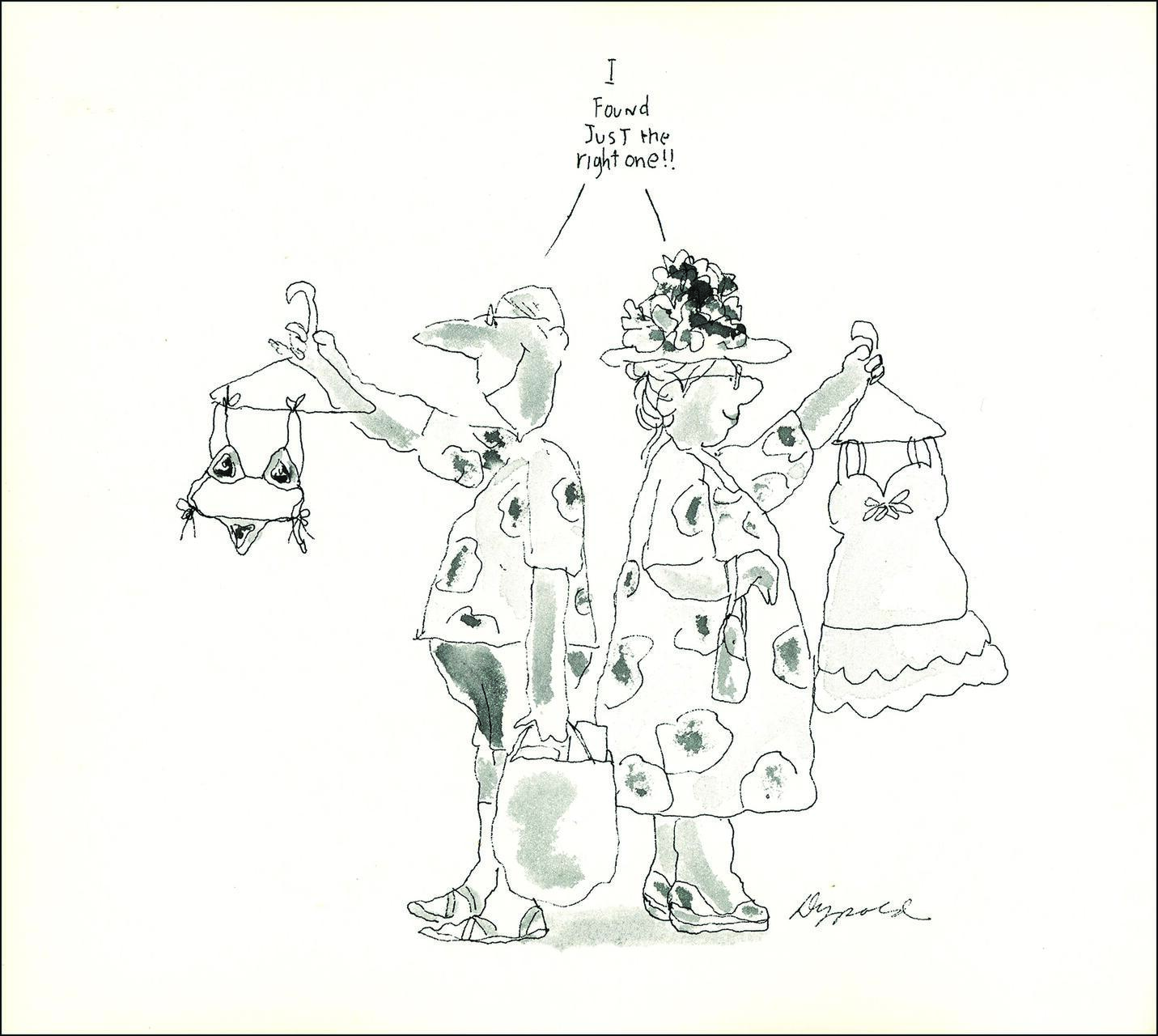Two cartoon figures wearing floral outfits face opposite directions. One holds up a bra and the other a dress on hangers. A speech bubble above the figure with the dress says, "I found just the right one!"
