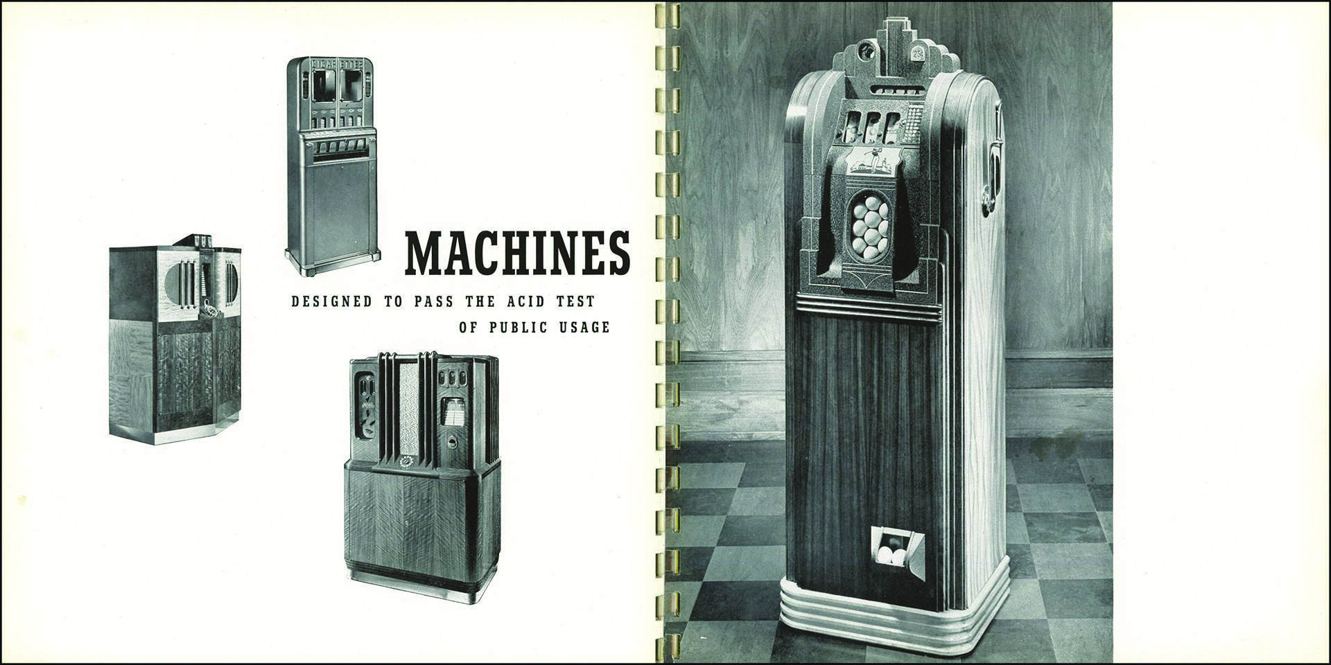 Vintage advertisement showing three vending machines on the left and a larger detailed vending machine on the right in a checkered floor room.