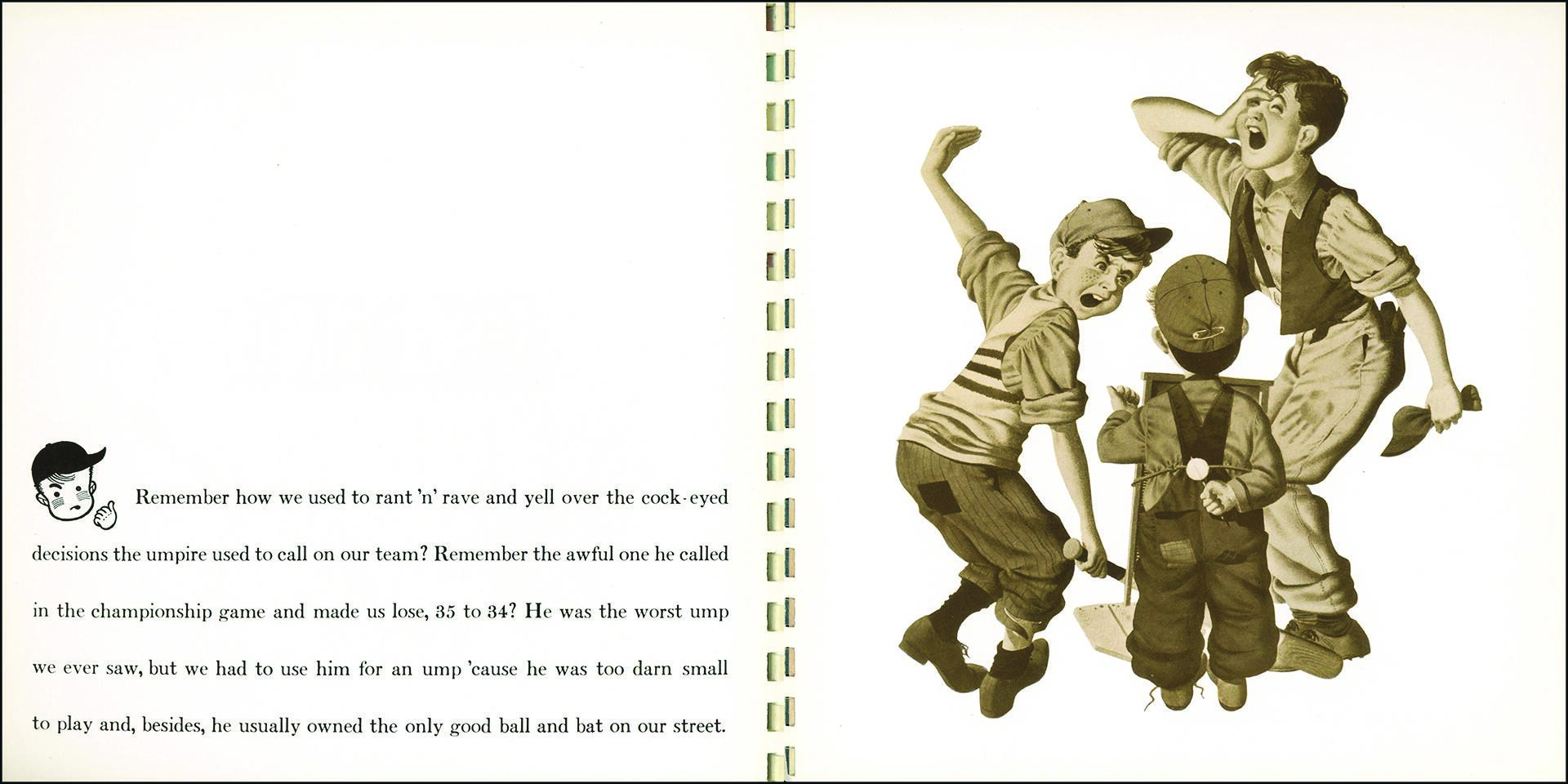 Three boys animatedly arguing; one boy with his hand on his head, another gesturing, and the third boy holding a bat, wearing overalls. Monochrome illustration.