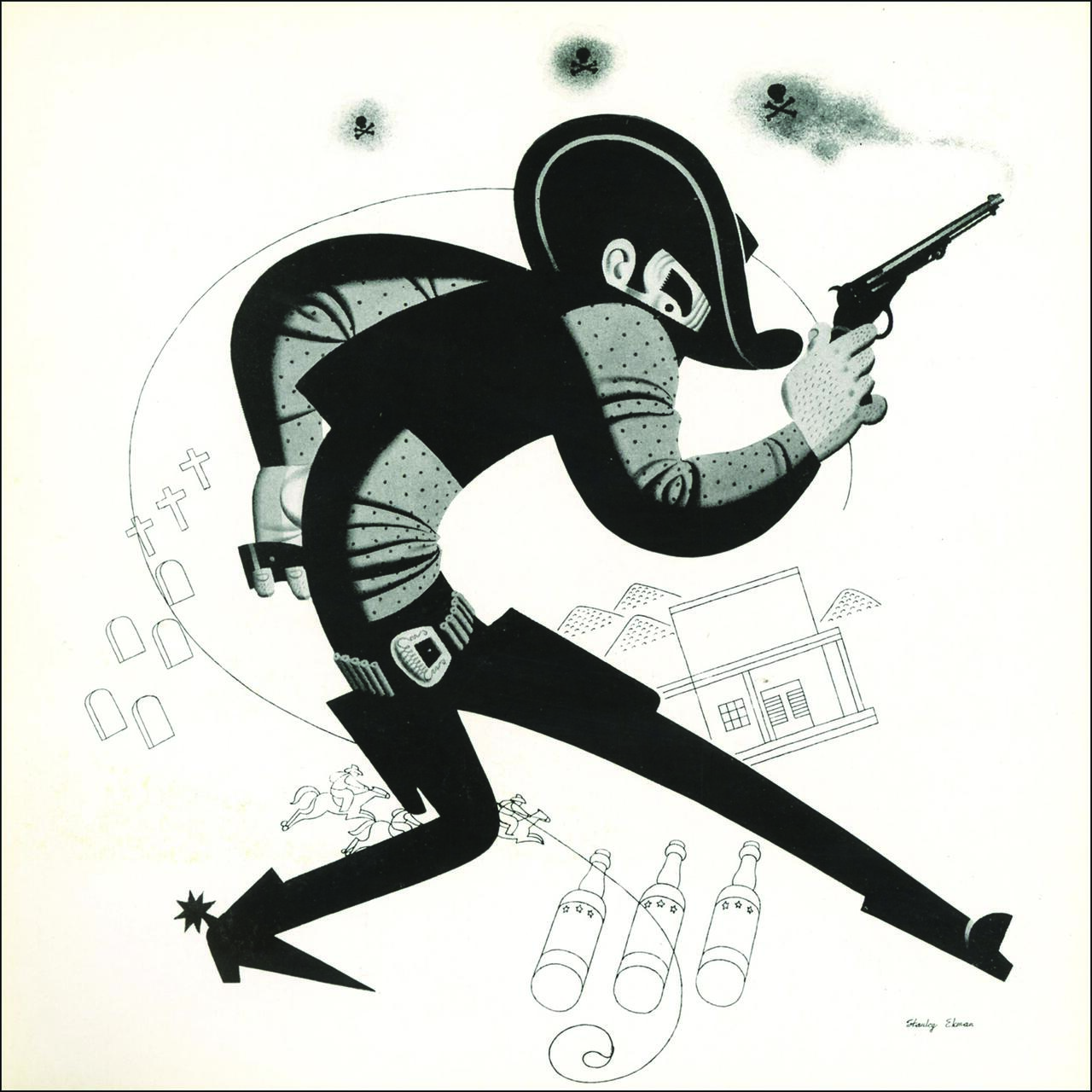 Stylized illustration of a cowboy in a dynamic pose, wearing a hat and holding a revolver. Background features a saloon, mountains, graves, a horse, and skulls. The composition uses minimal black and white shading.