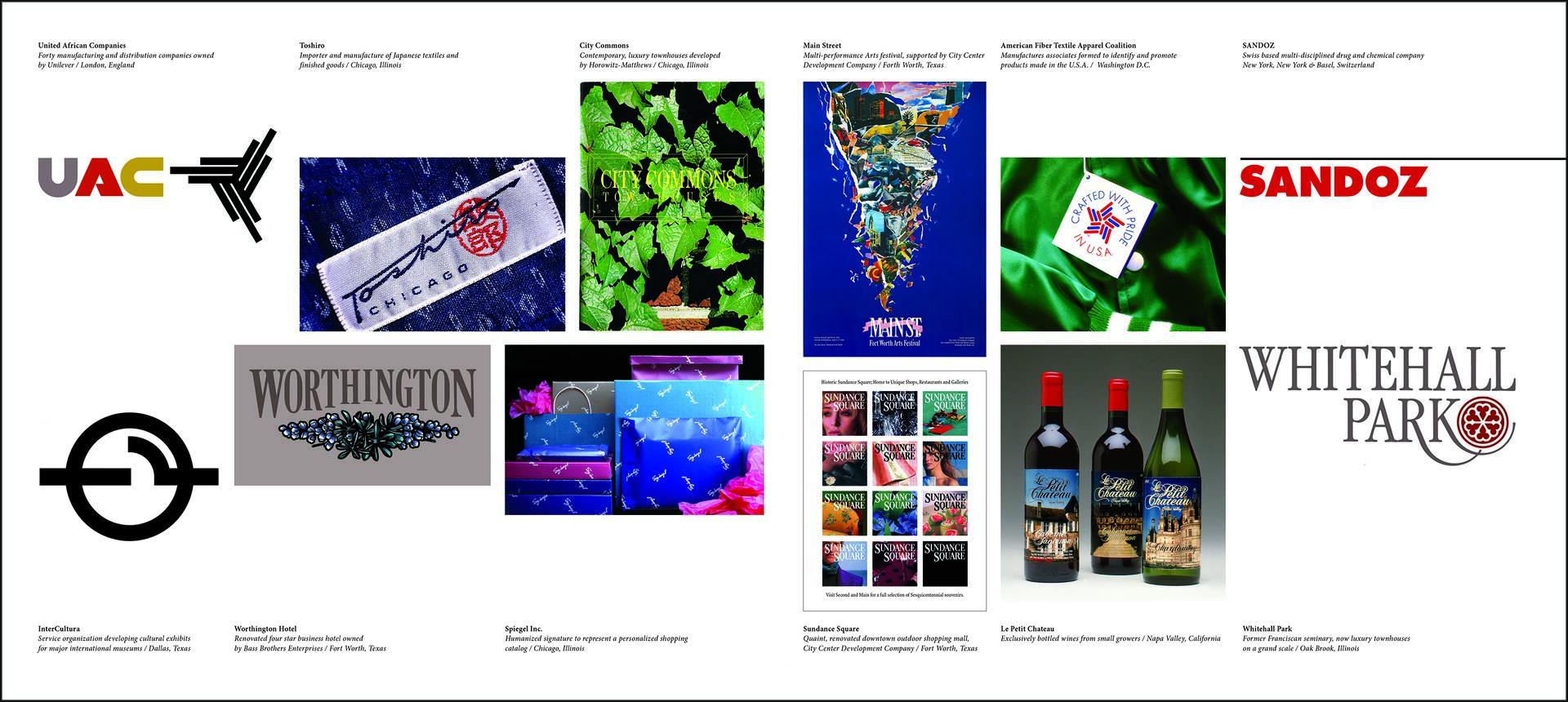 Collage of logos, product photos, and labels including UAC, Worthington, Main Street festival, wine bottles, City Commons packaging, and more, against a white background.