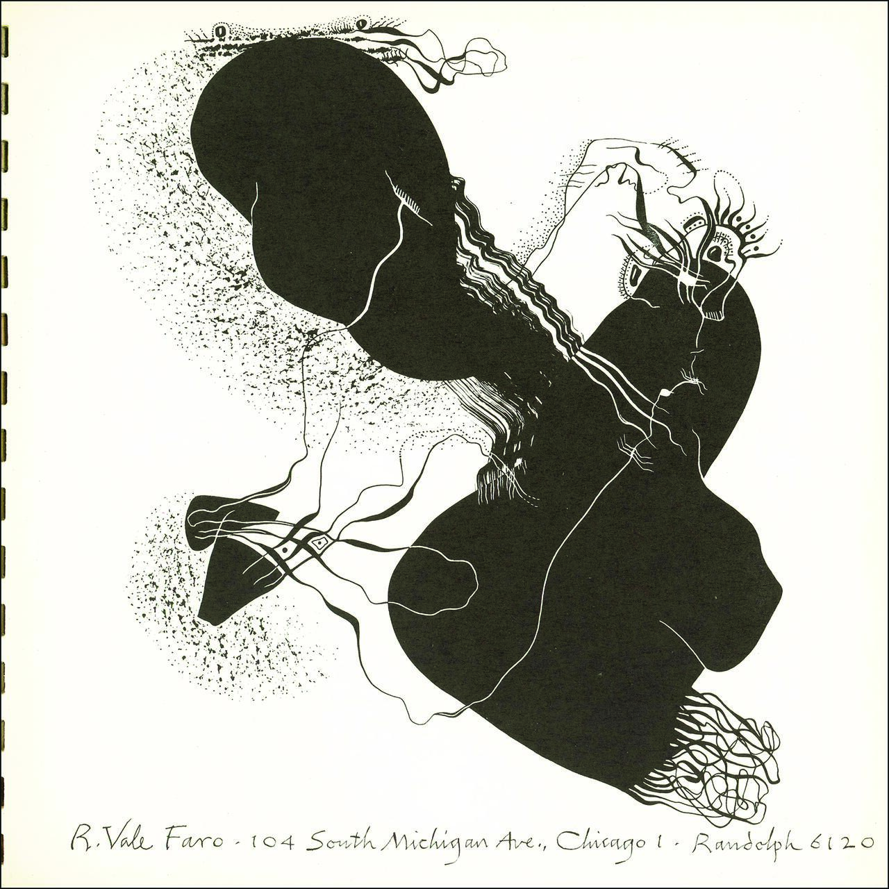 Abstract black and white artwork with swirling shapes, lines, and dots forming an organic composition. Appears dynamic with contrasting elements, evoking movement and complexity.