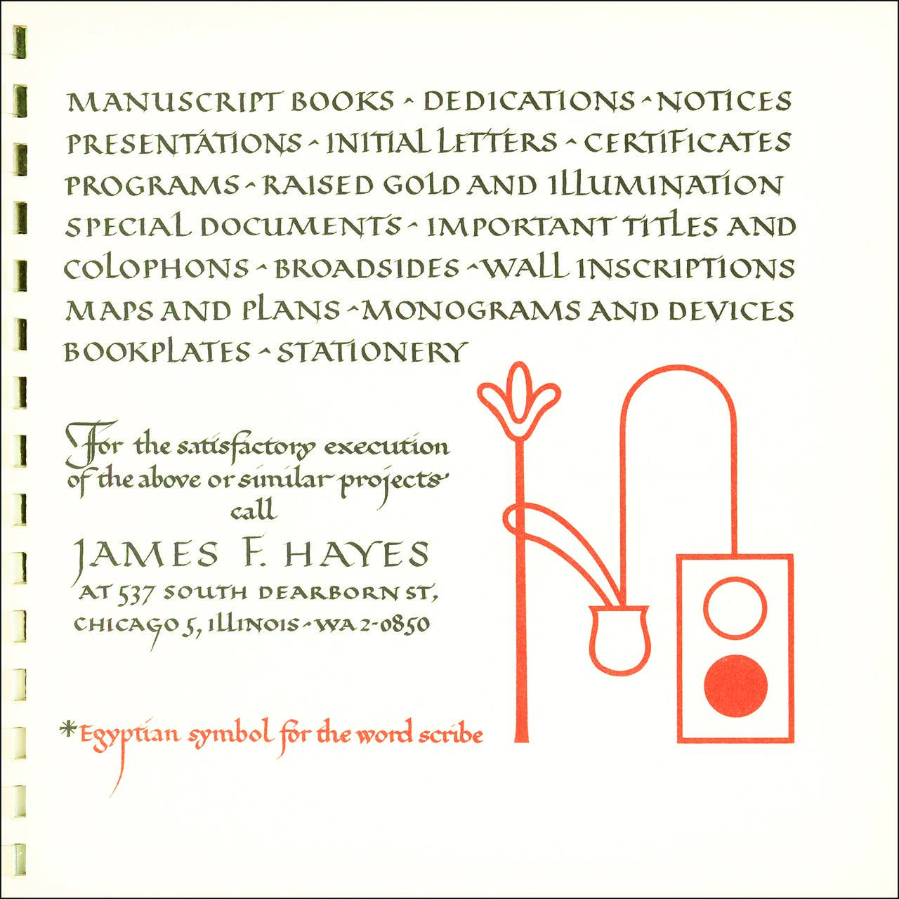 Text design featuring calligraphy listing various services by James F. Hayes, along with an Egyptian symbol for the word "scribe" in red.