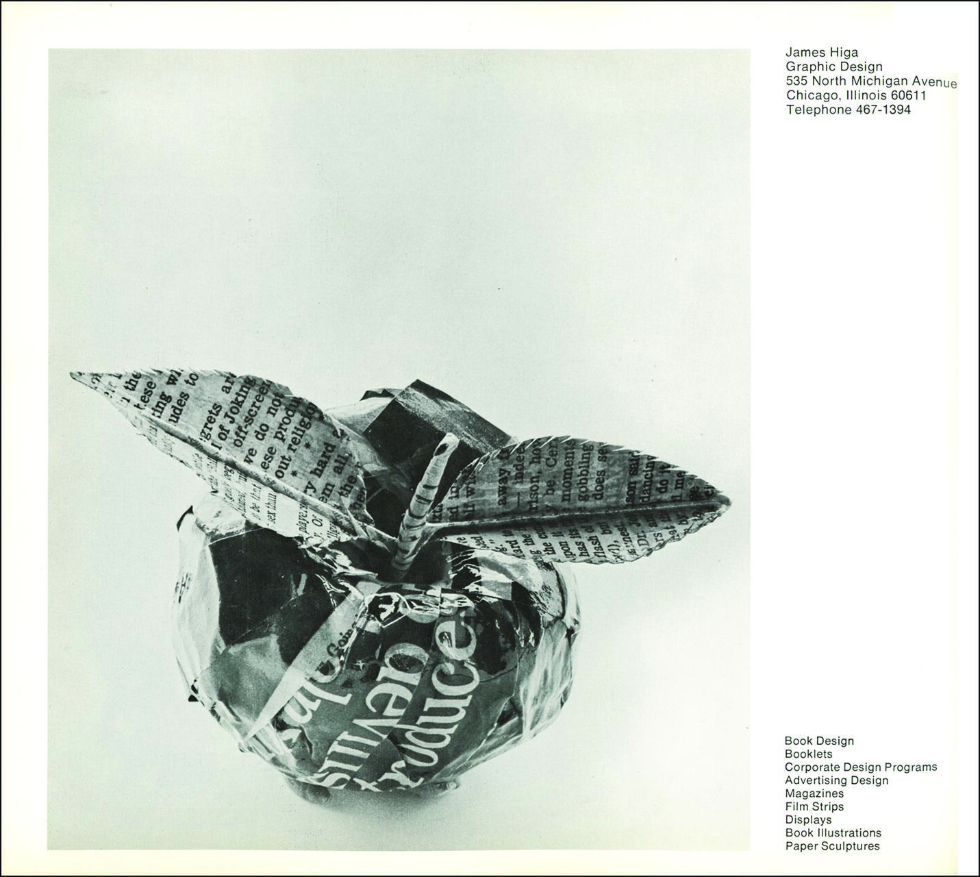 A paper sculpture of an apple made from newspaper, featuring detailed leaves and a stem, with text visible on its surface. The image is black and white, placed centrally, with designer contact details on the side.