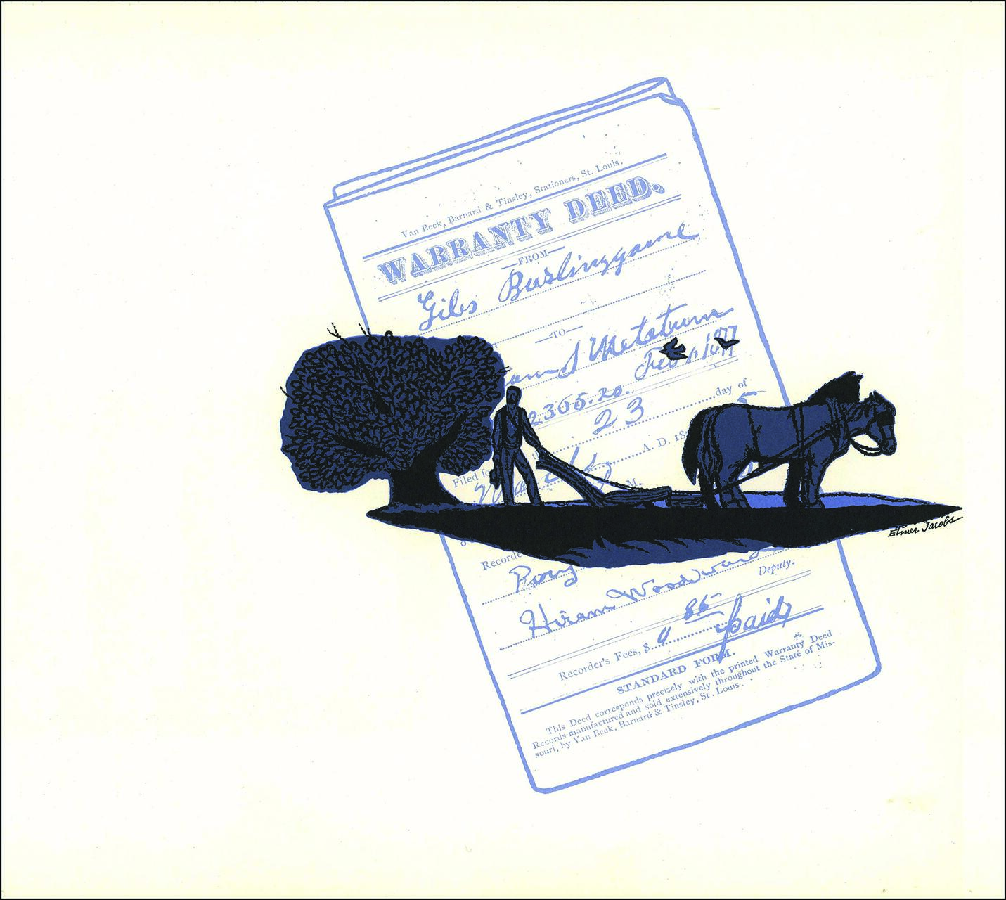 Silhouette of a person plowing with a horse in front of a large tree, overlaid on a warranty deed document.