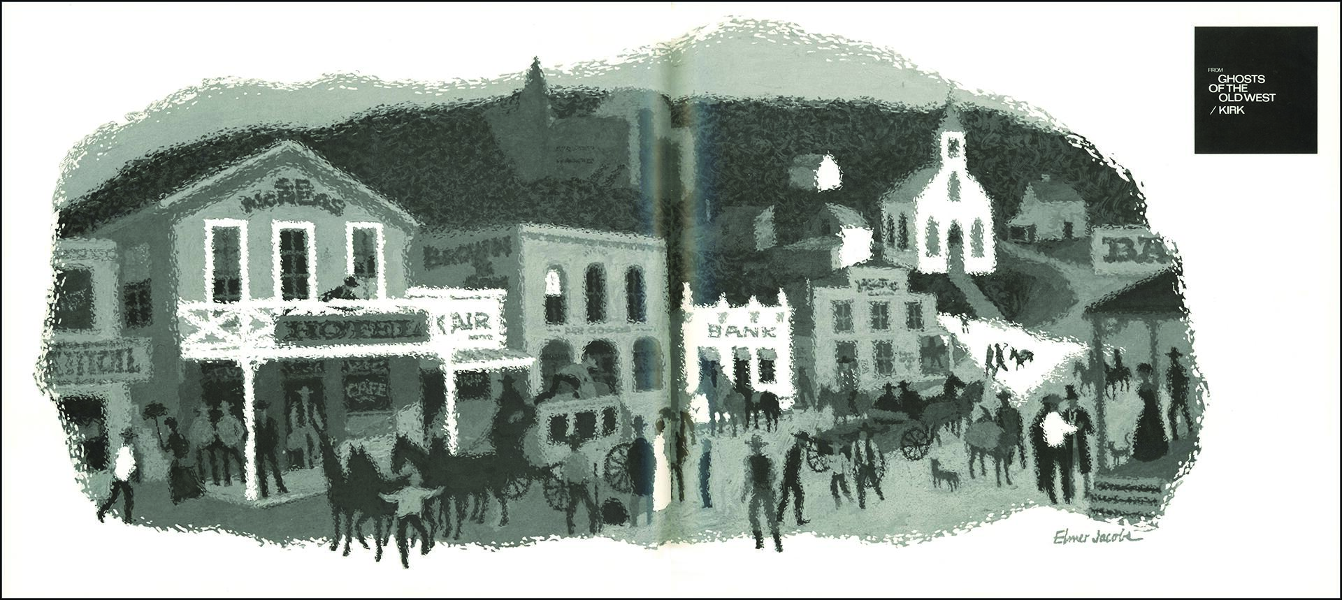 Old West town illustration with buildings labeled "Bar," "Bank," and "Hotel." People and horses fill the street, with a visible church in the background. The scene is in grayscale with a painting style.
