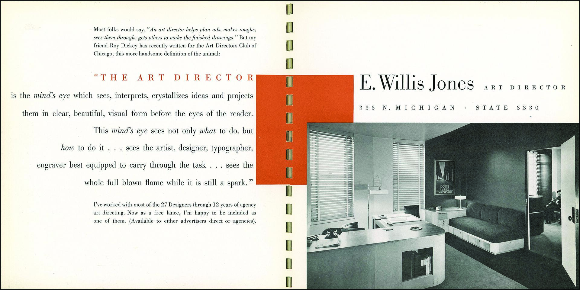 Promotional graphic for E. Willis Jones, Art Director, featuring a description of an art director's role and a monochrome photo of a modern office interior with a desk, sofa, and blinds.