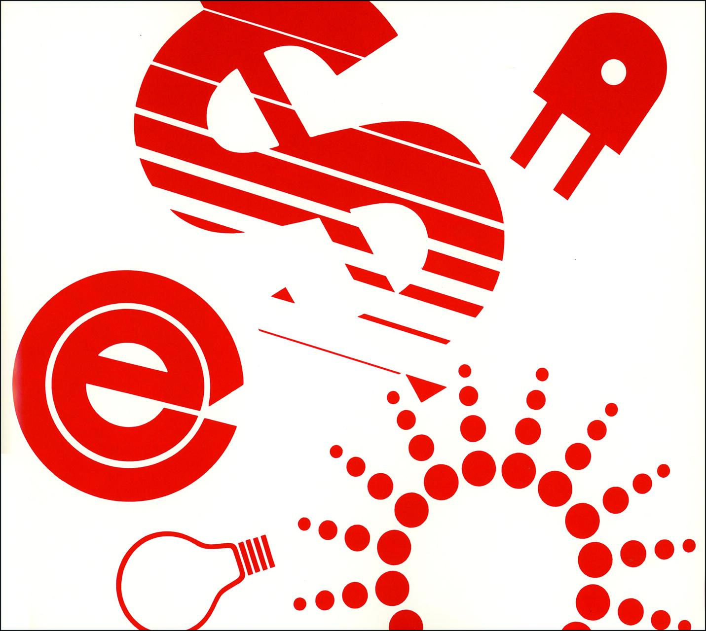 Red abstract graphics including a large letter "e," a striped dollar sign, a plug, a lightbulb outline, and a circular dot pattern on a white background.