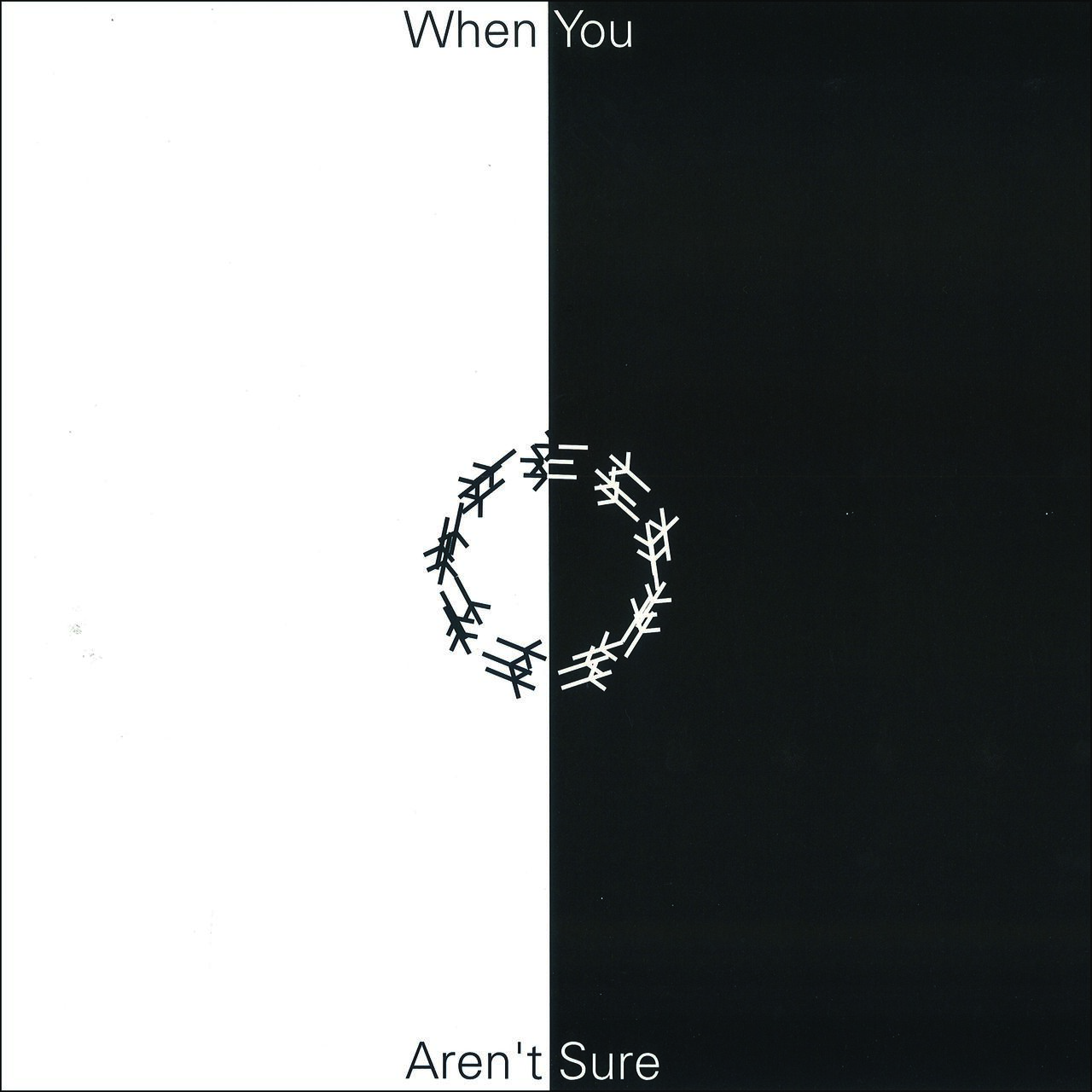 A black and white abstract graphic with circular patterns of crossed lines, split in half vertically with contrasting colors.