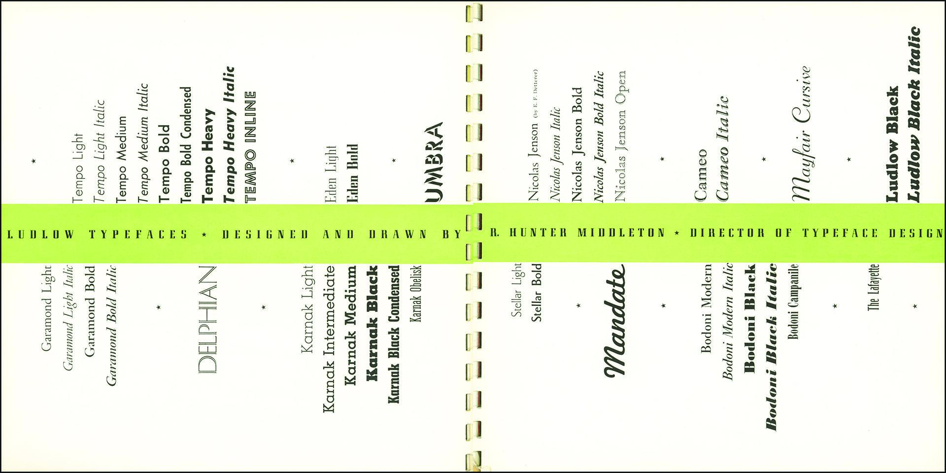 Typography graphic featuring multiple font names such as Tempo, Delphian, Umbra, Mandate, and Ludlow Black on a white background. A green horizontal stripe across the center reads "Ludlow Typefaces Designed and Drawn by R. Hunter Middleton".