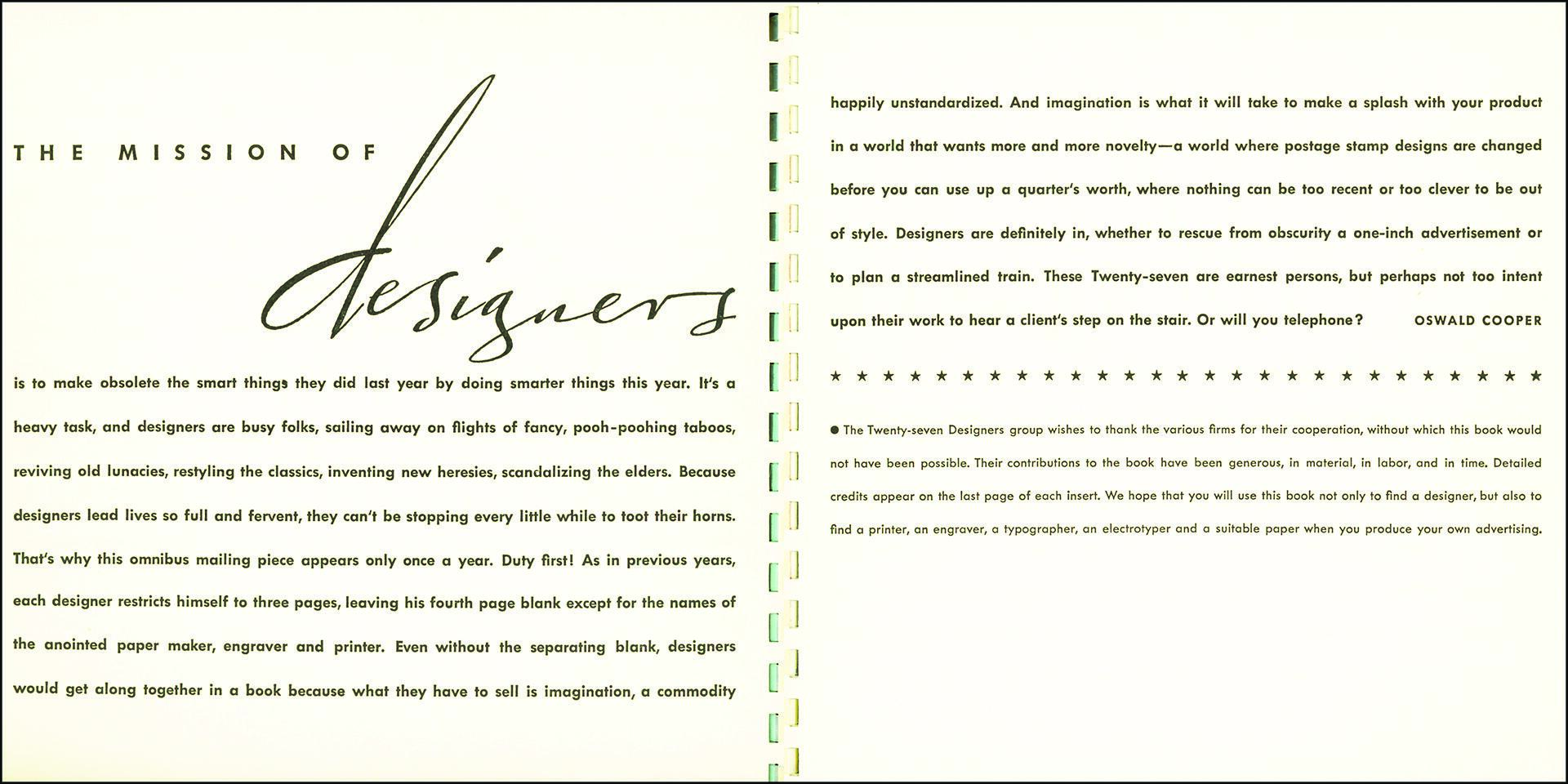 The text discusses the mission of designers, their creativity, and the significance of innovation and imagination. It emphasizes avoiding standardization and highlights a quote by Oswald Cooper. At the bottom, there's a note thanking various firms for their contributions.