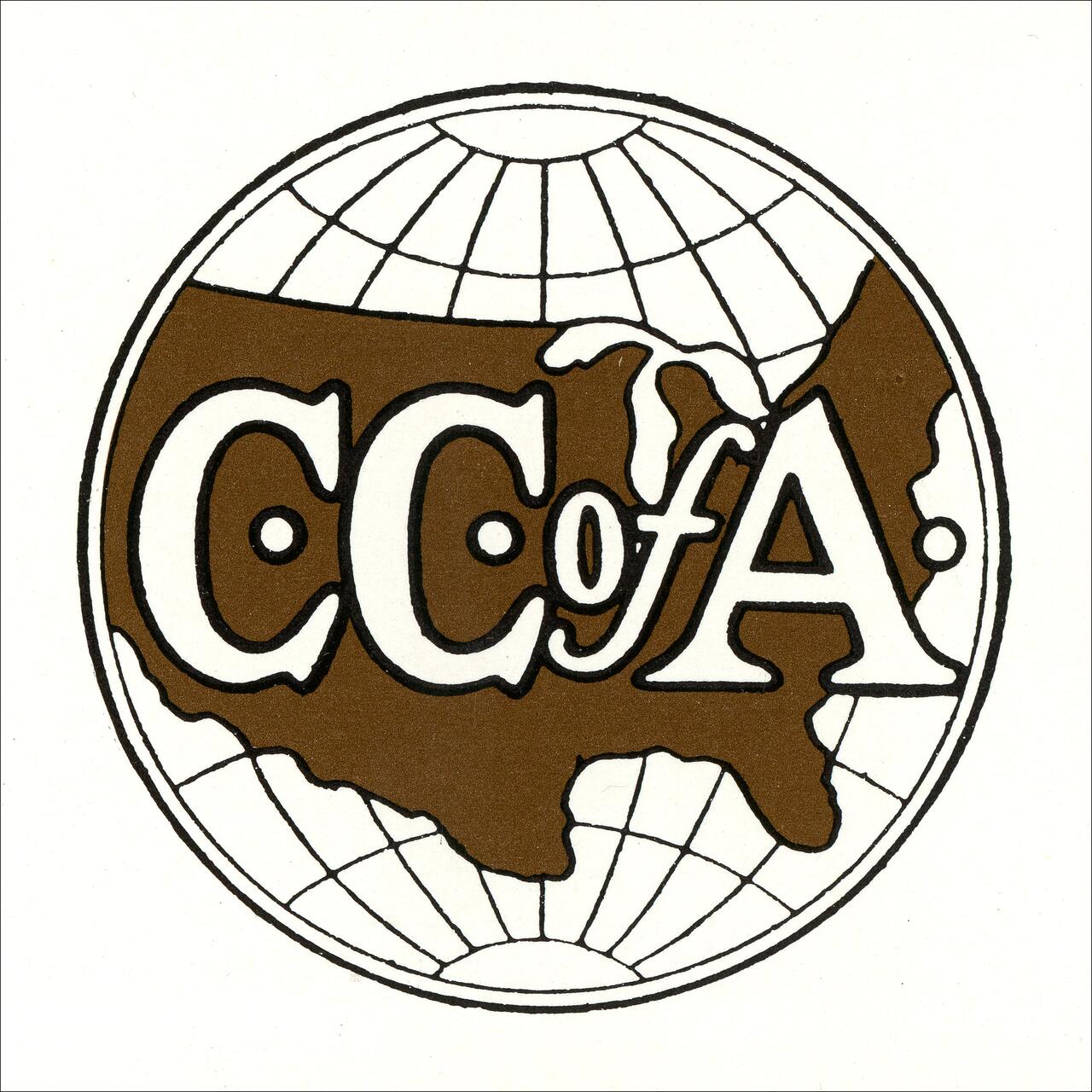 Brown and white logo featuring the letters "C C of A" over a map of the United States, encircled by a globe design.